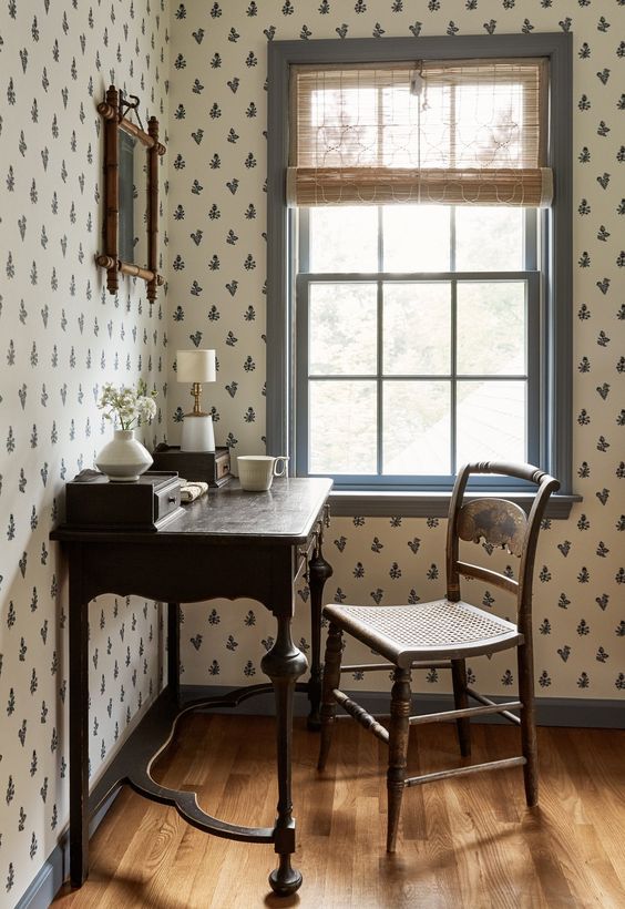 floral wallpaper and contrast trim