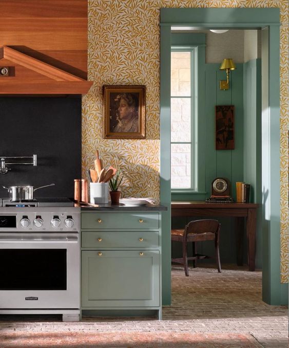 blue kitchen cabinets with contrast trim