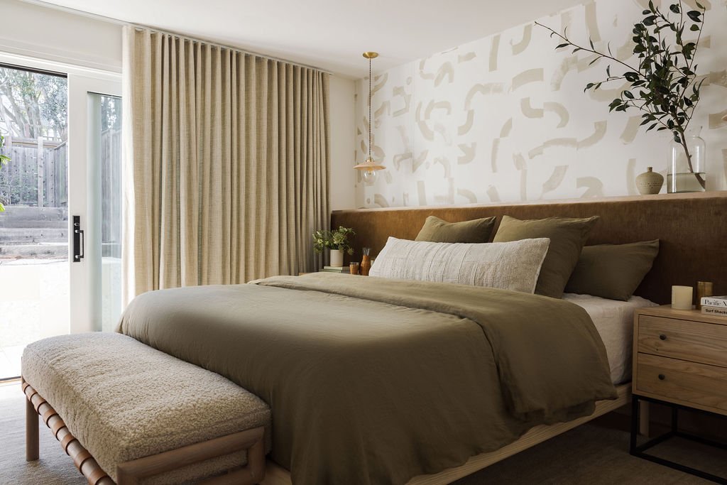 Neutral family bedroom, moss green textural bedroom design