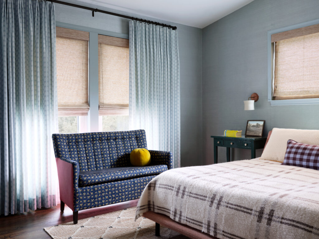 Textural blue bedroom design.