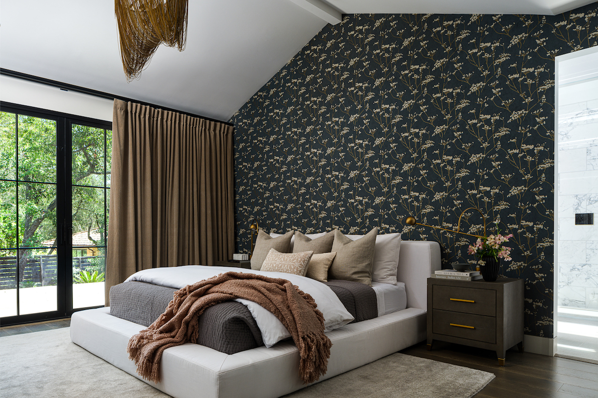 modern bedroom with dark floral wallpaper