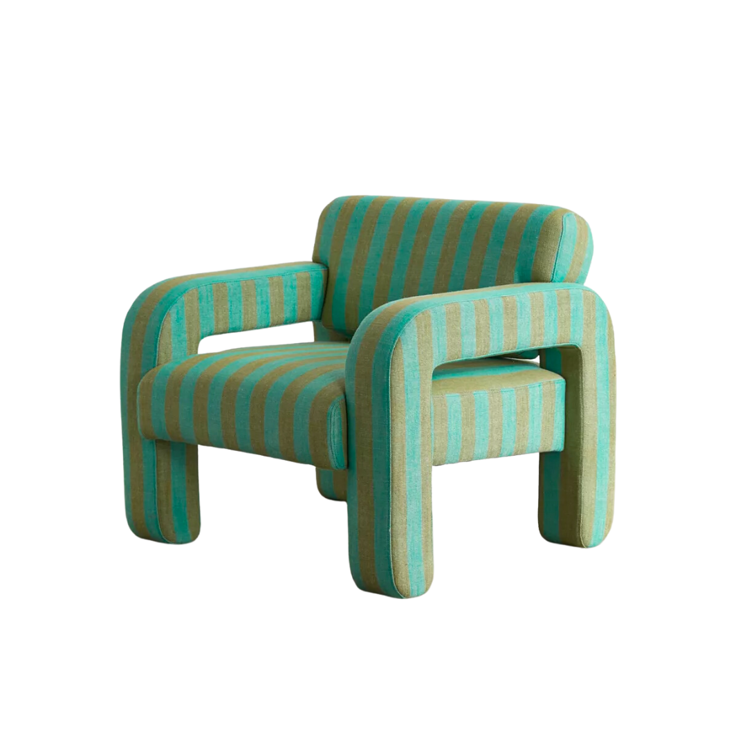 Green Linen Striped Arm Chair
