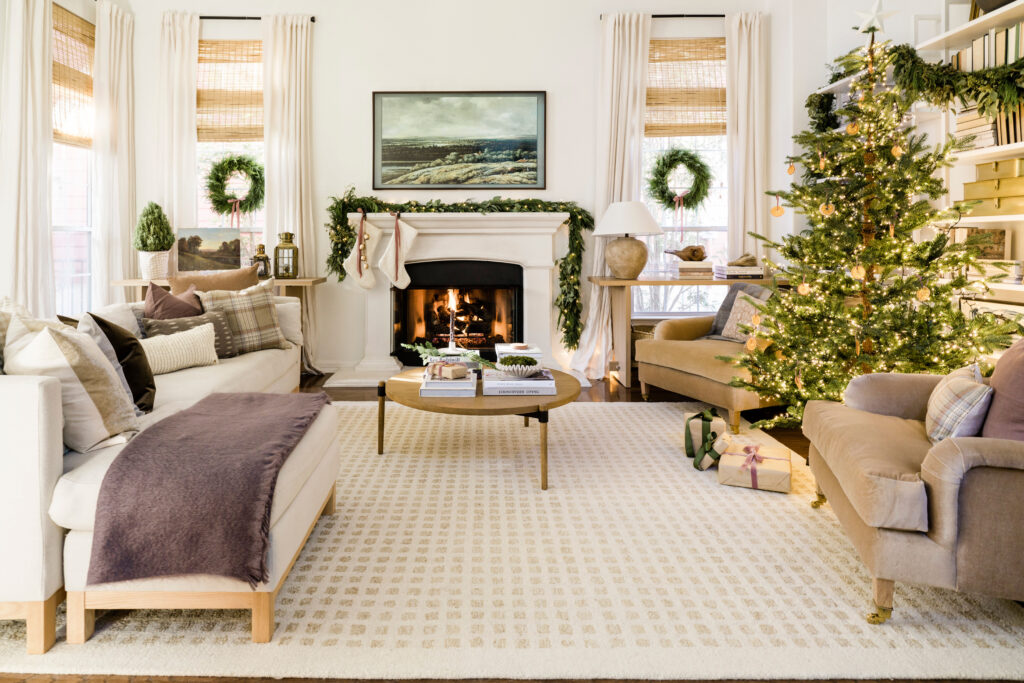 Living room holiday decor with earthy mauve palette, holiday home tour