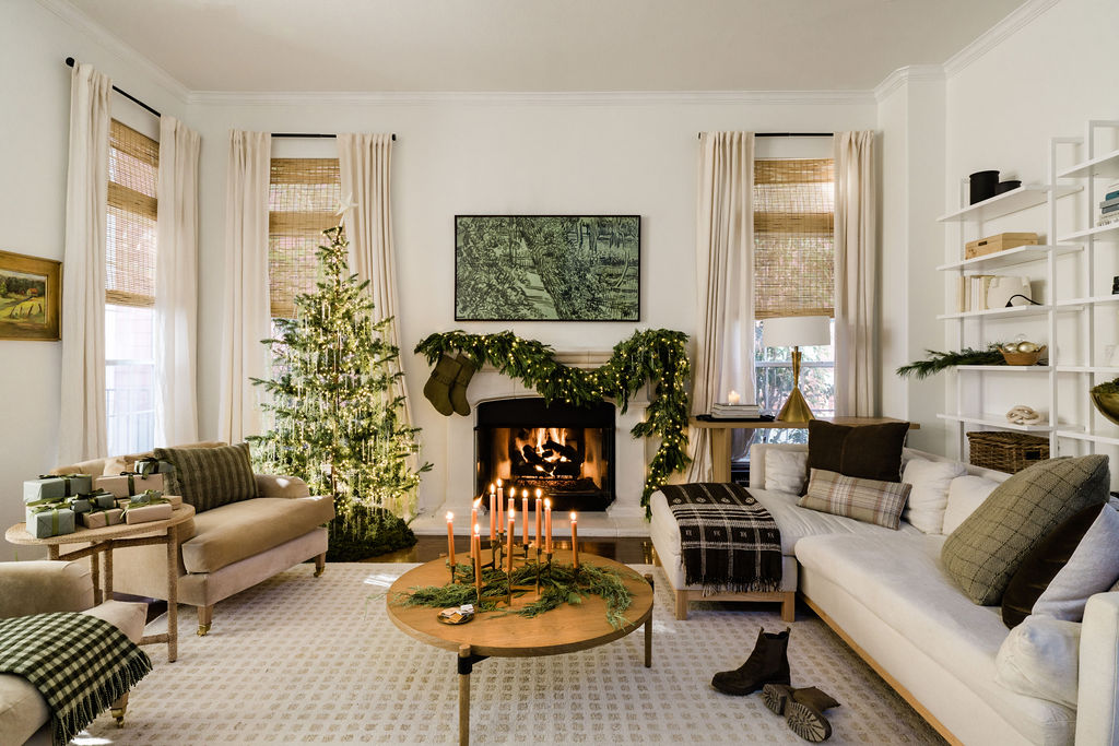 Living room natural Christmas styling, fresh greenery holiday home decor