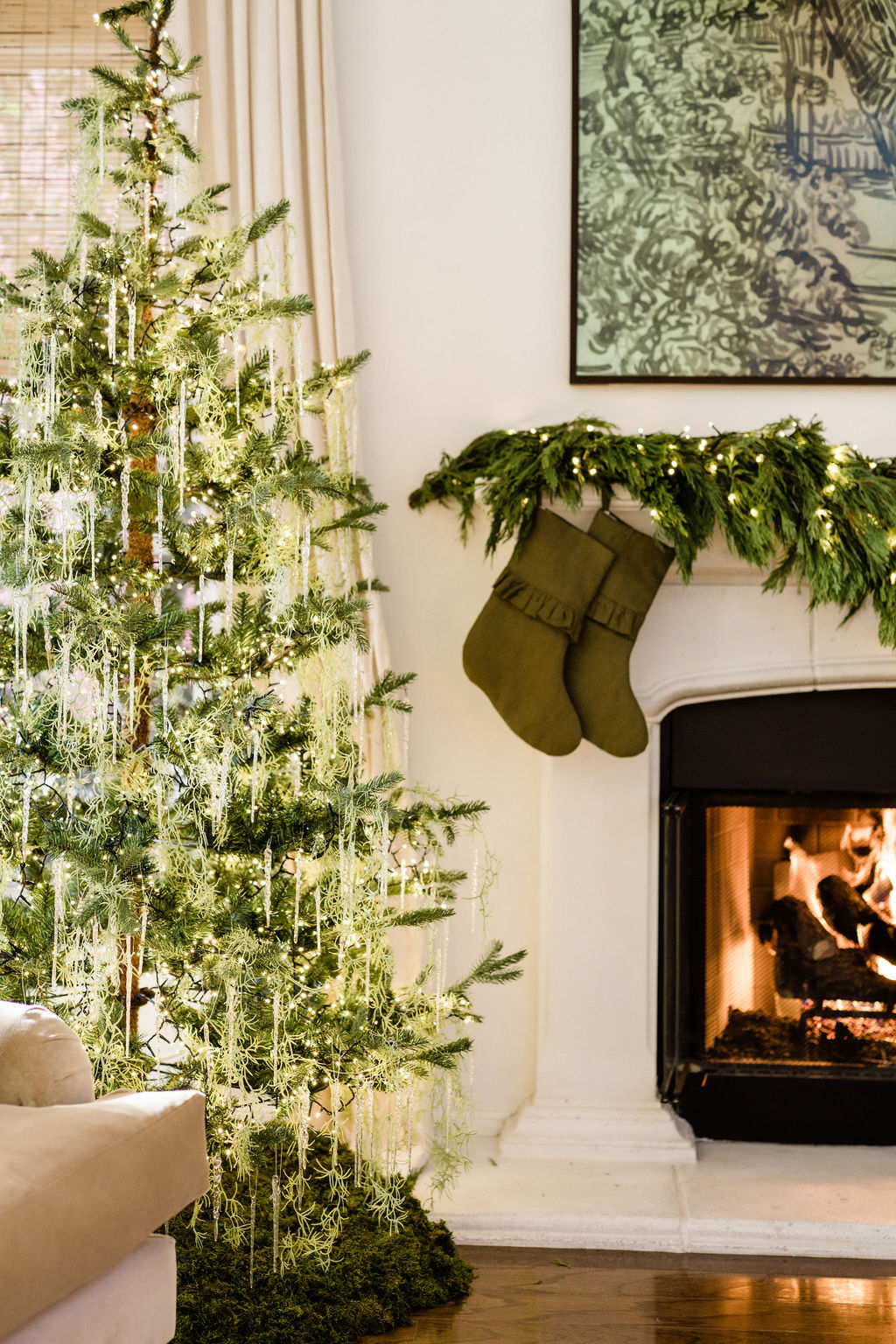 Fresh cypress garland on mantel and Spanish Moss Christmas tree holiday home