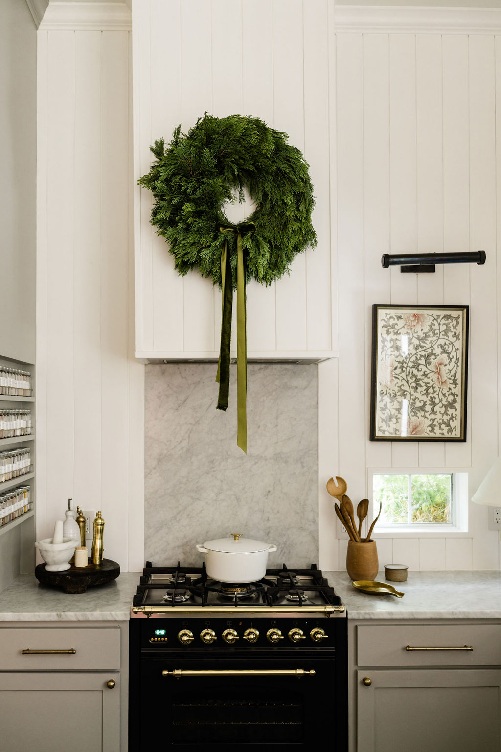 Kitchen holiday decorating with fresh cypress wreath