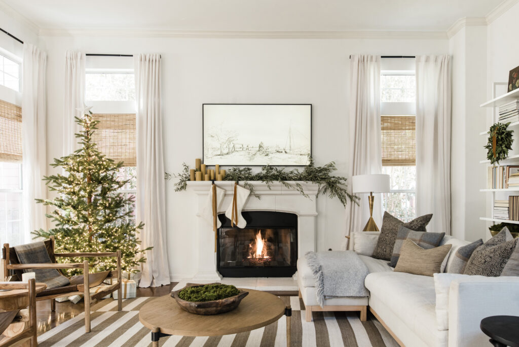 elevated neutral holiday living room decor in earth tones