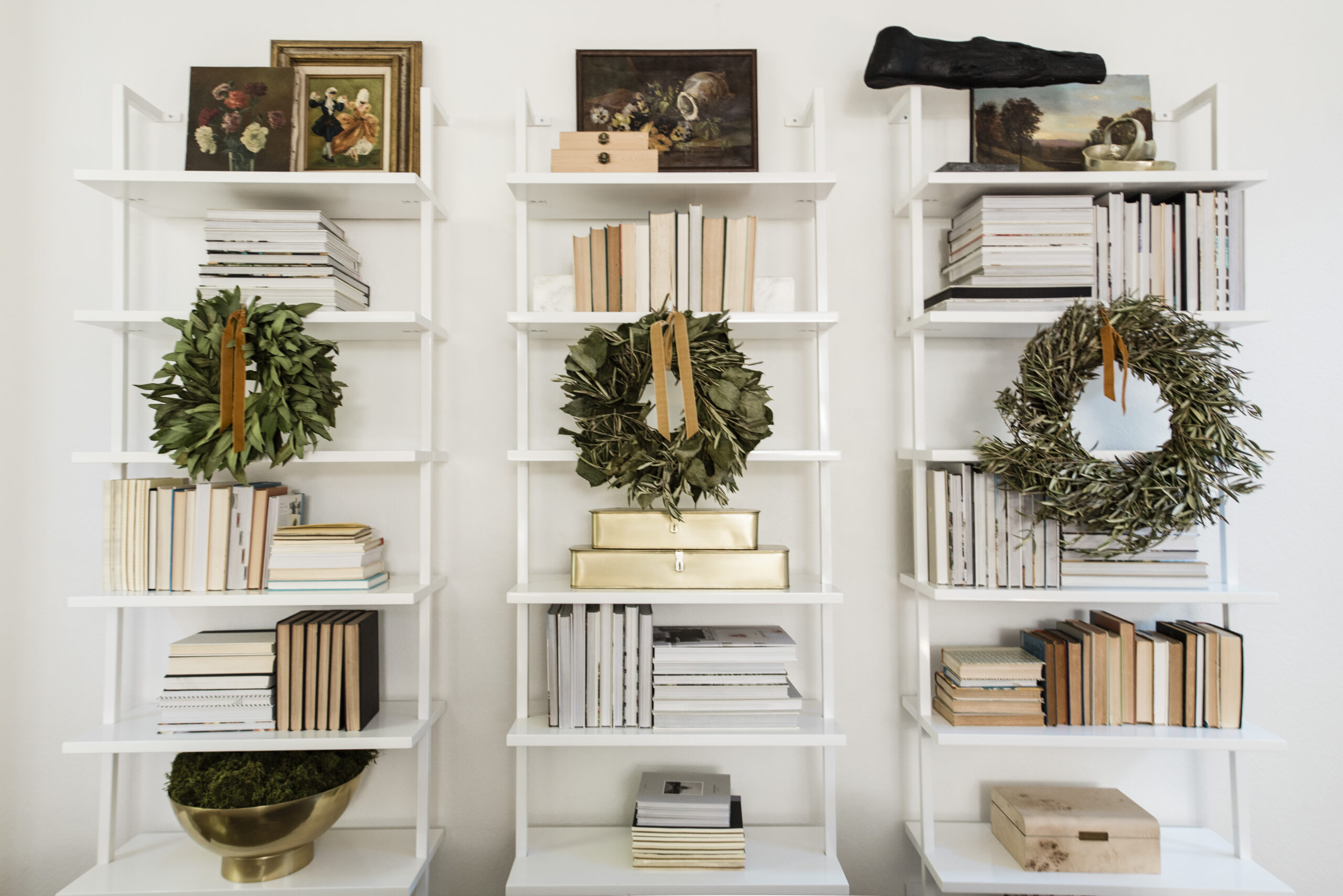 wreaths decorating living room shelving