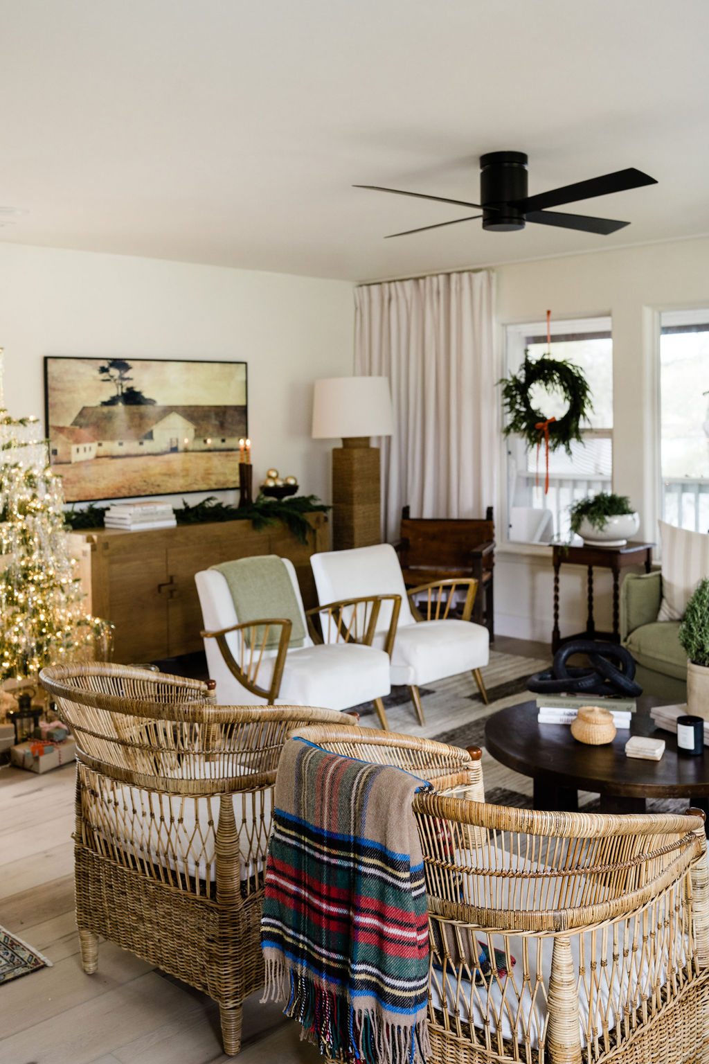 living room seating in modern rustic holiday home tour