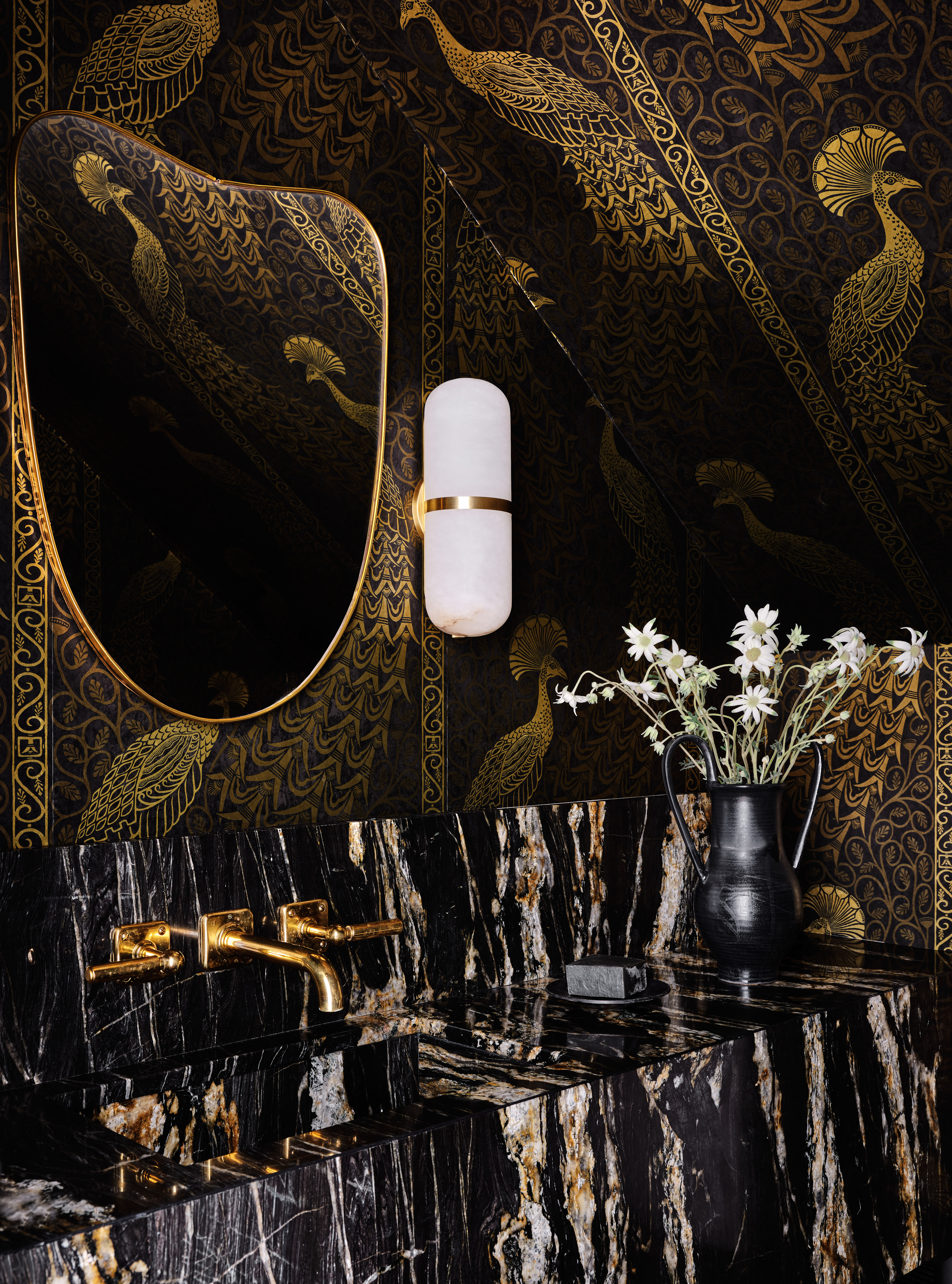 Black & Gold Wallpapered Powder Room