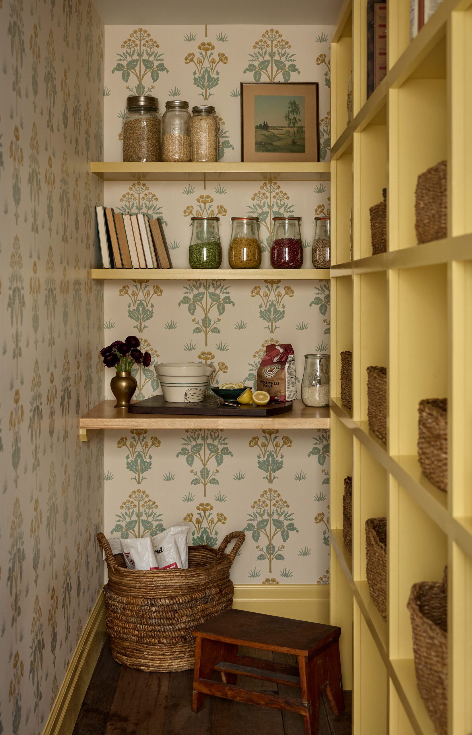 Pantry with a pop of yellow