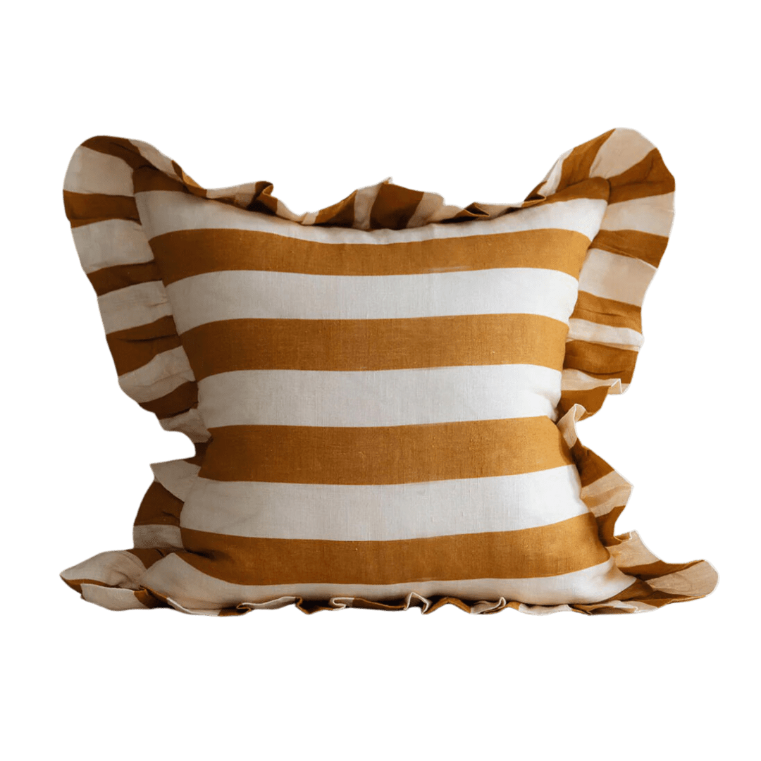 Ochre Striped Pillow with Ruffle
