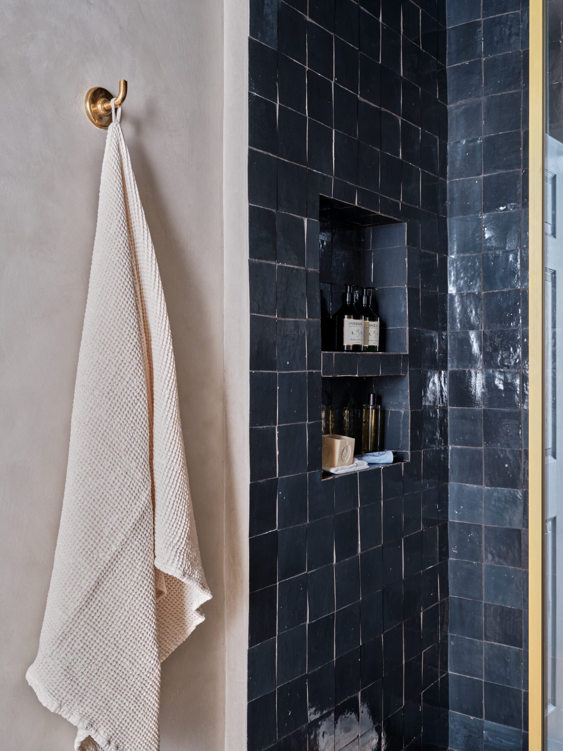 Blue Tiled Shower and Hook