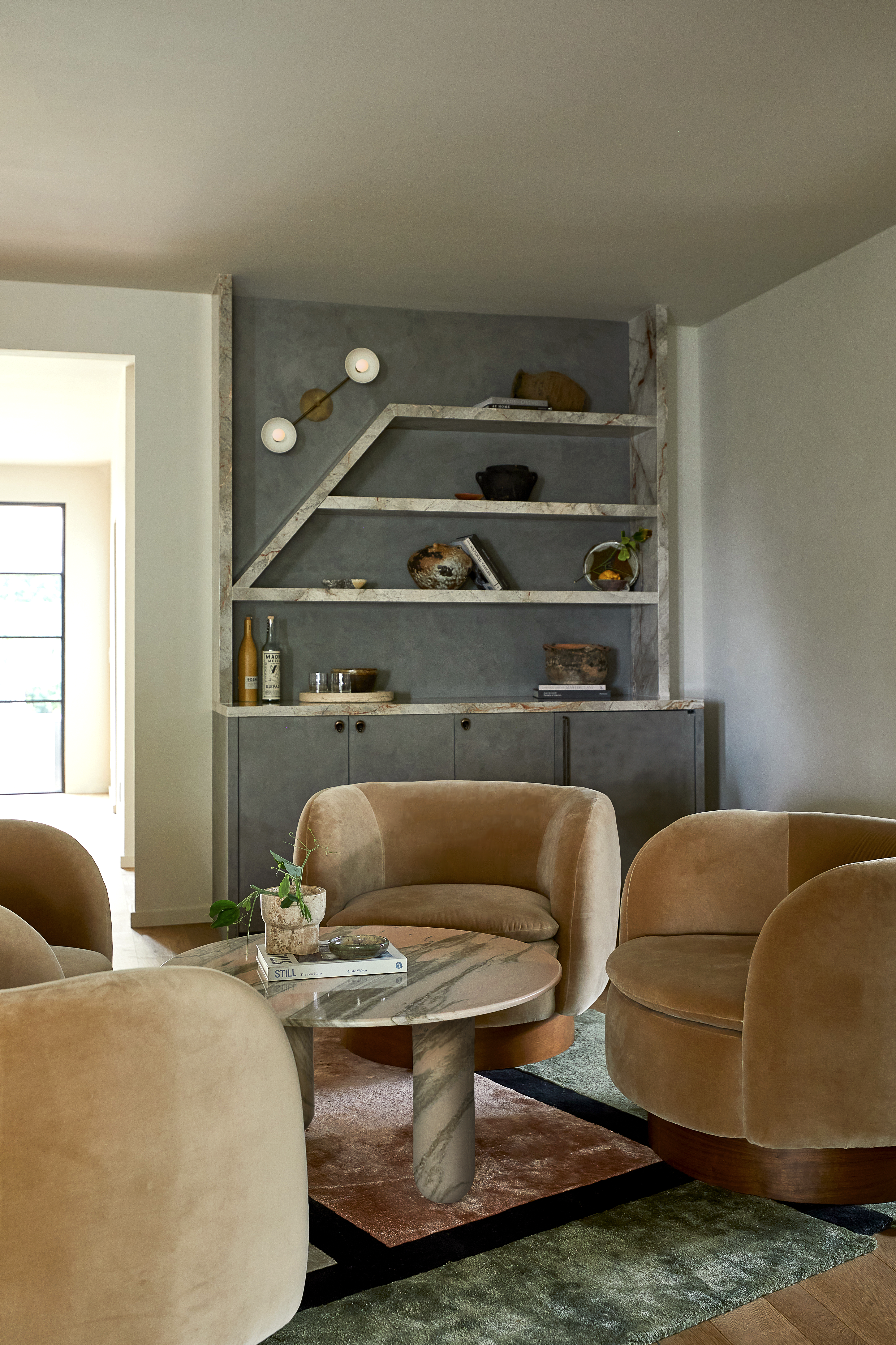 Velvet Seating Room Built-In Stone Shelving