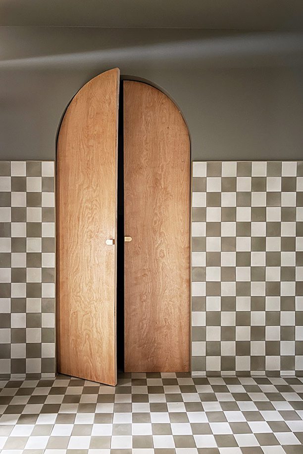 Checkerboard tile bathroom walls