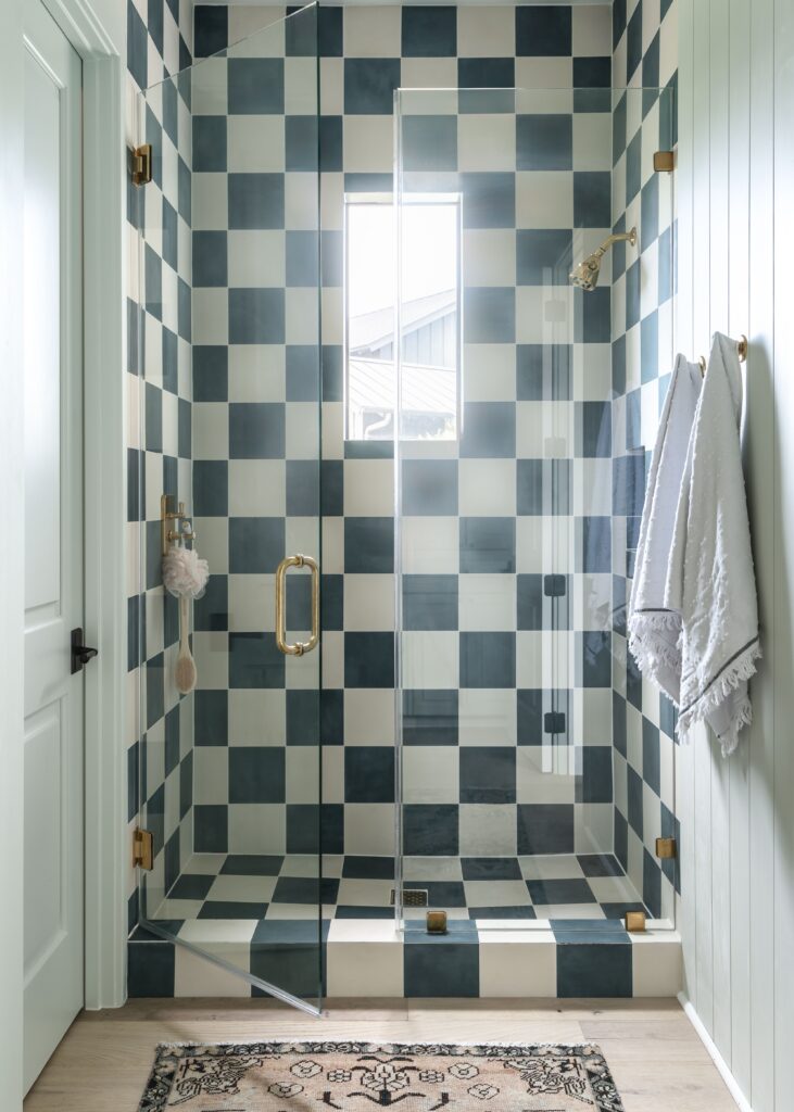 Checkerboard tile shower