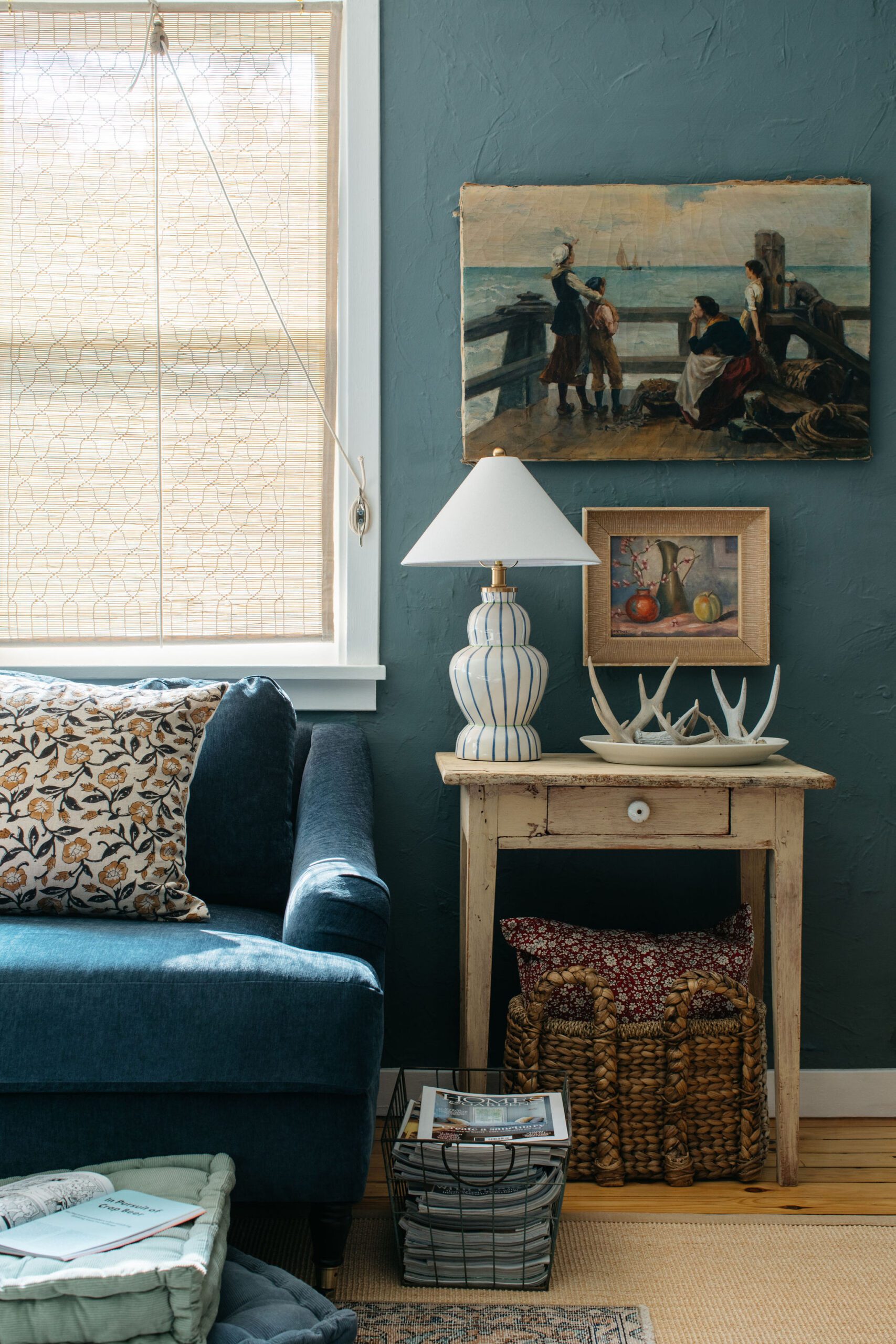 Living Room Blue Couch Bedside Details