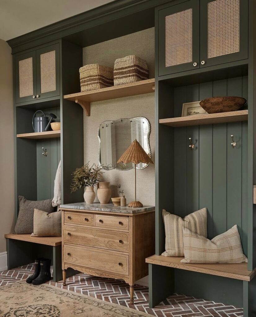 Mudroom design with brick flooring in a herringbone pattern