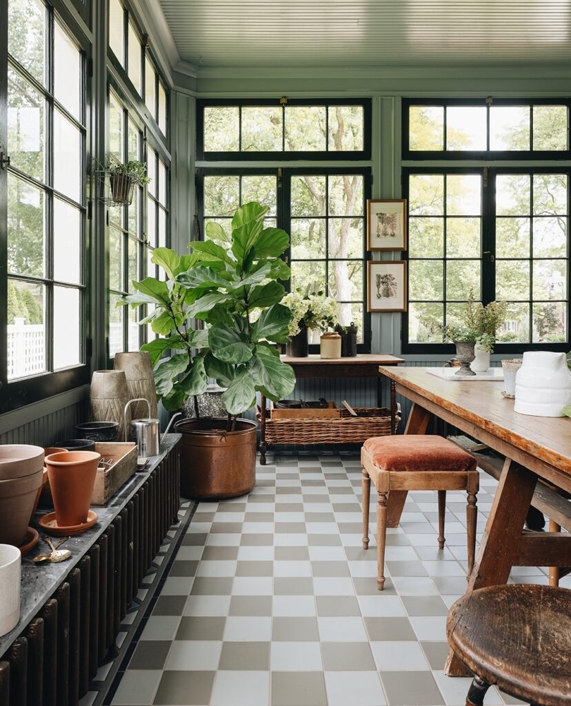 Checkerboard flooring in the mudroom