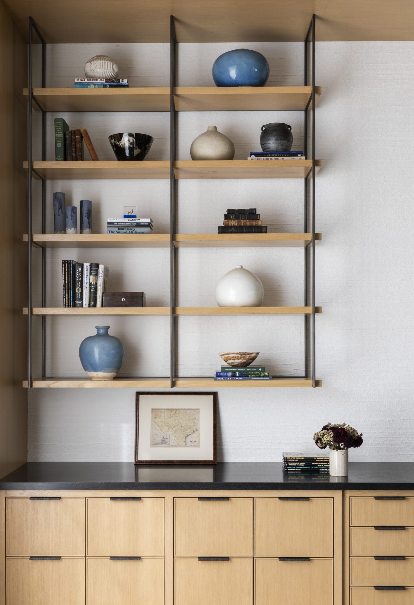 Custom white oak shelves featured in a home office by Marie Flanigan Interiors