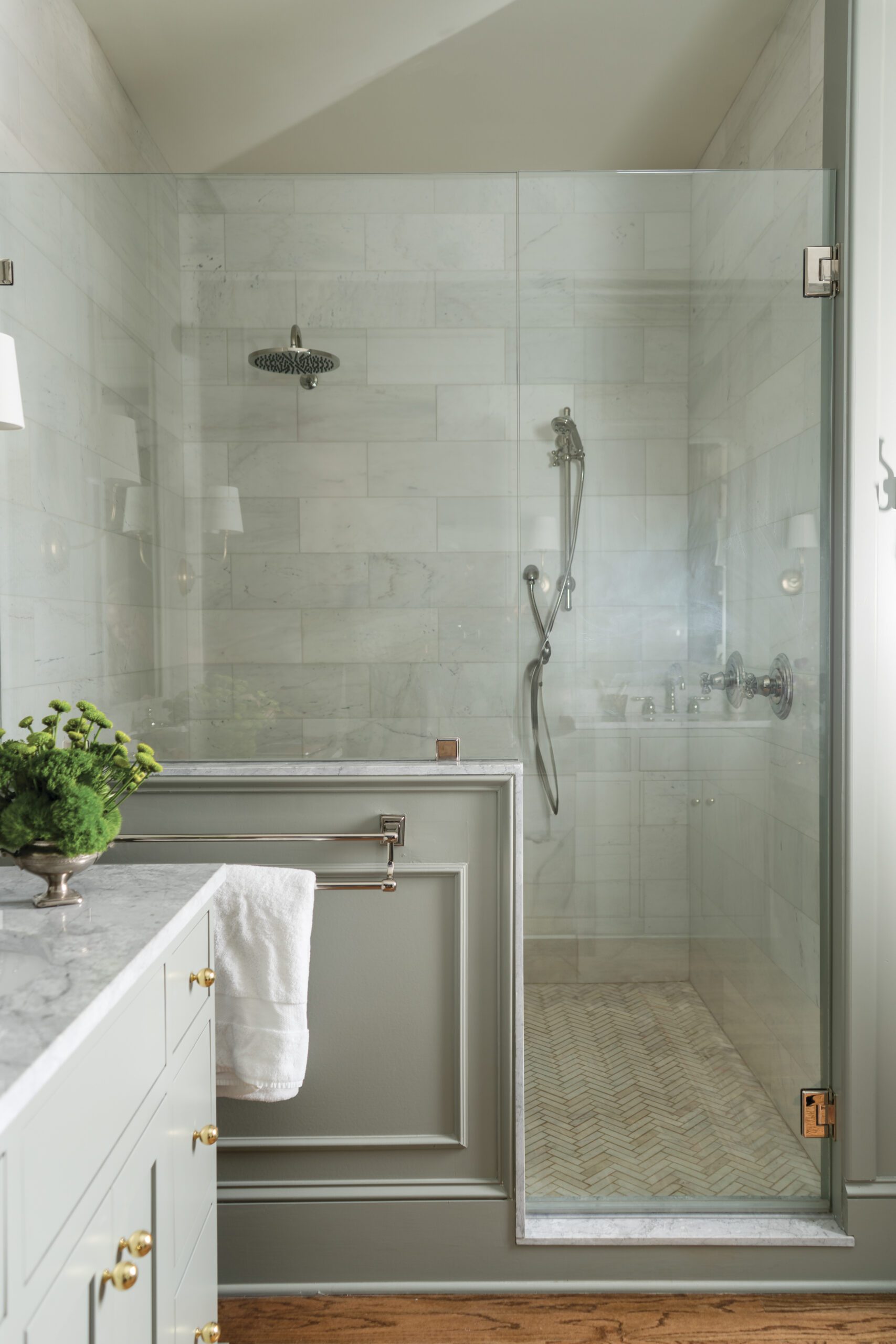 Walk-in Glass Shower with White Textured Tiles