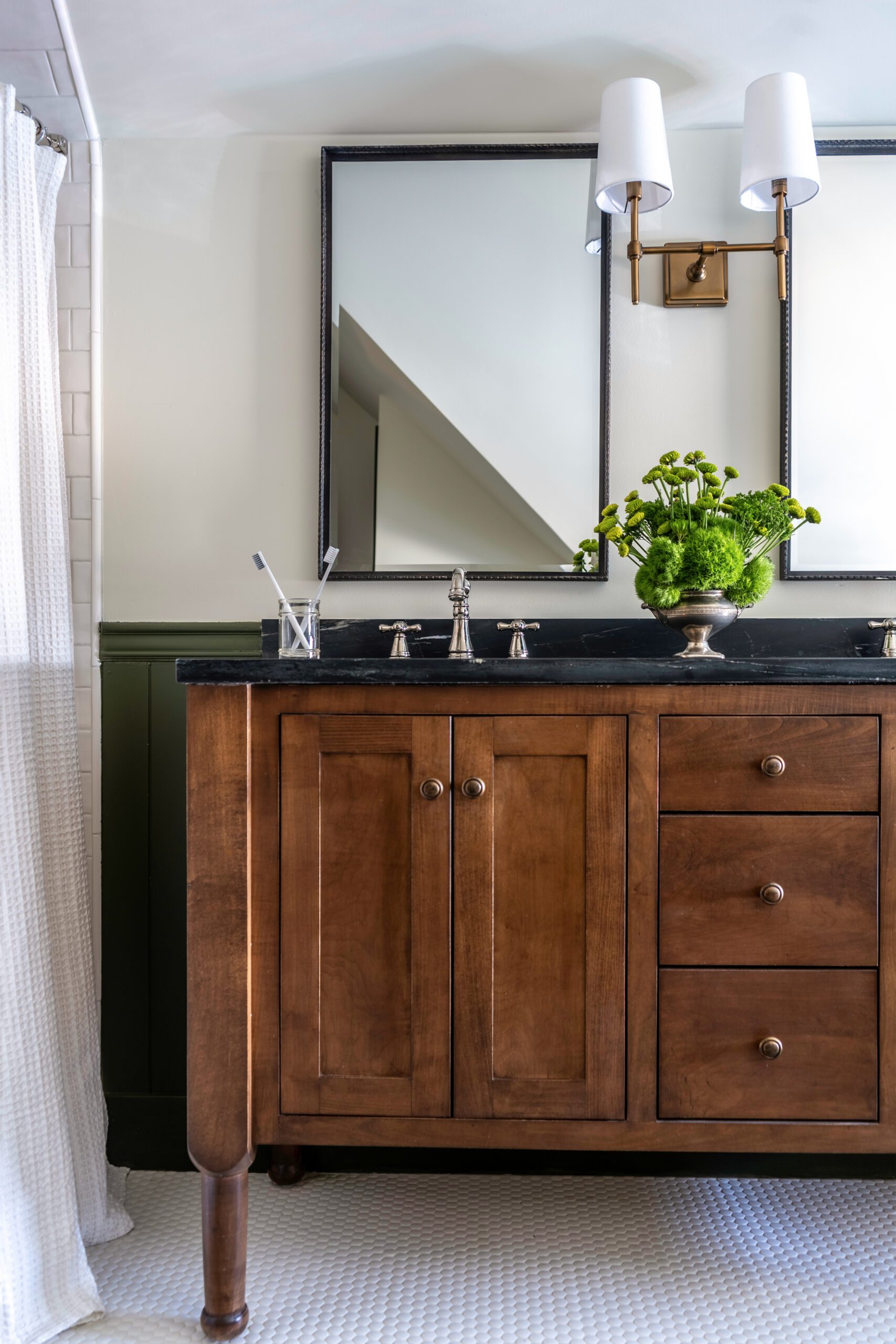 White Tiled Bathroom Floor and Wooden Vanity