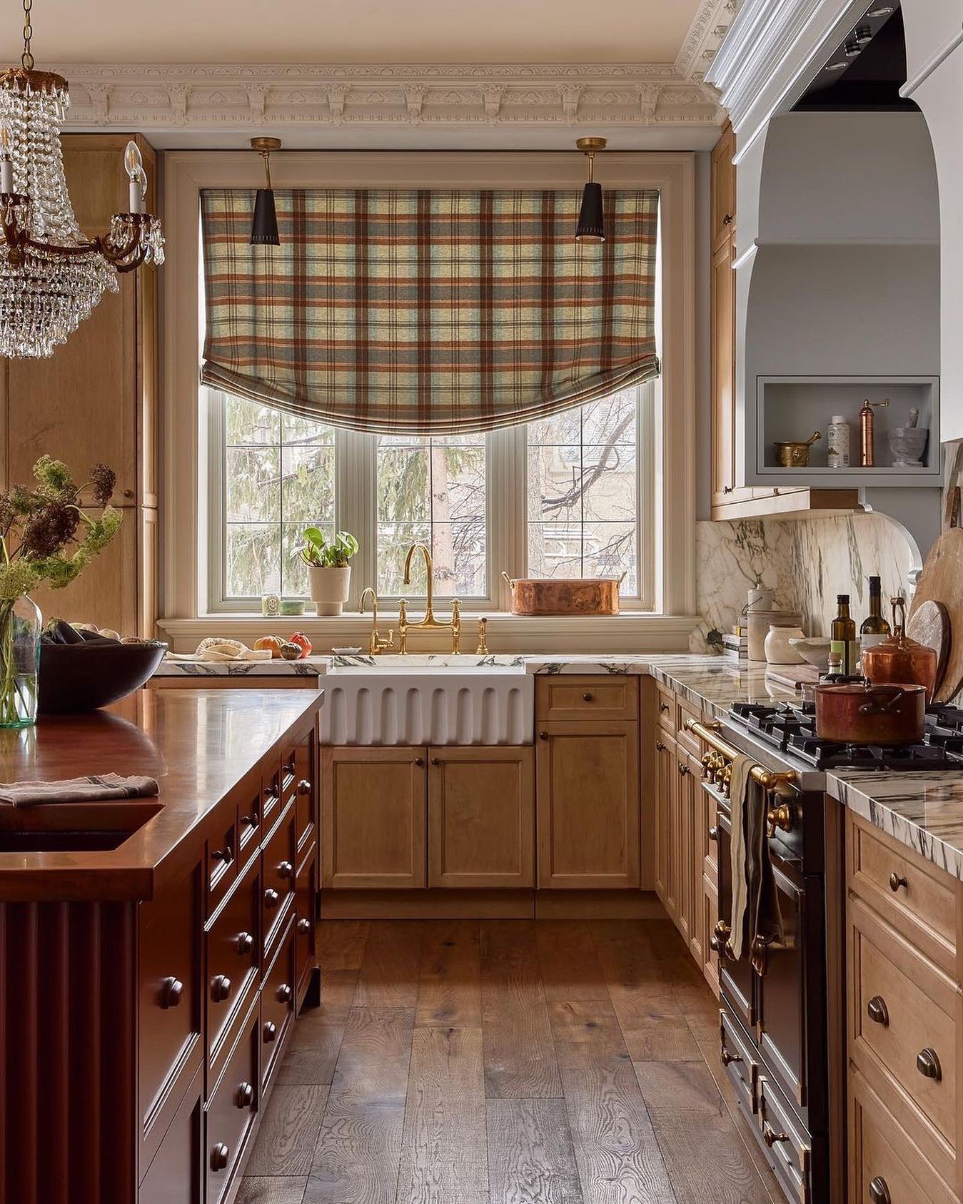 Plaid roman shade in the kitchen with fall design vibes