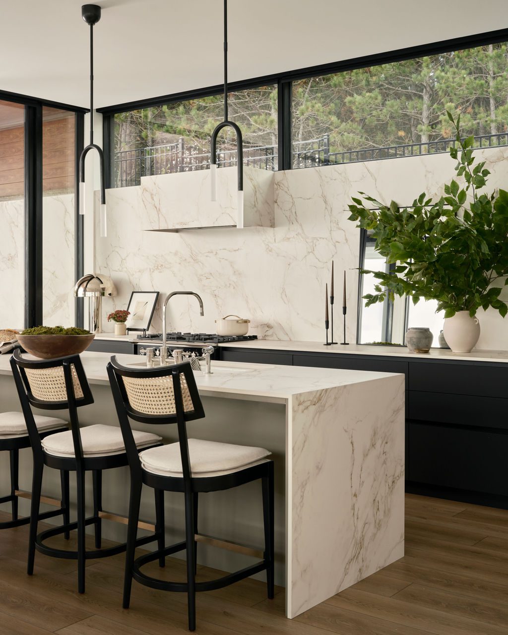 Waterfall Marble Counter with Barstools