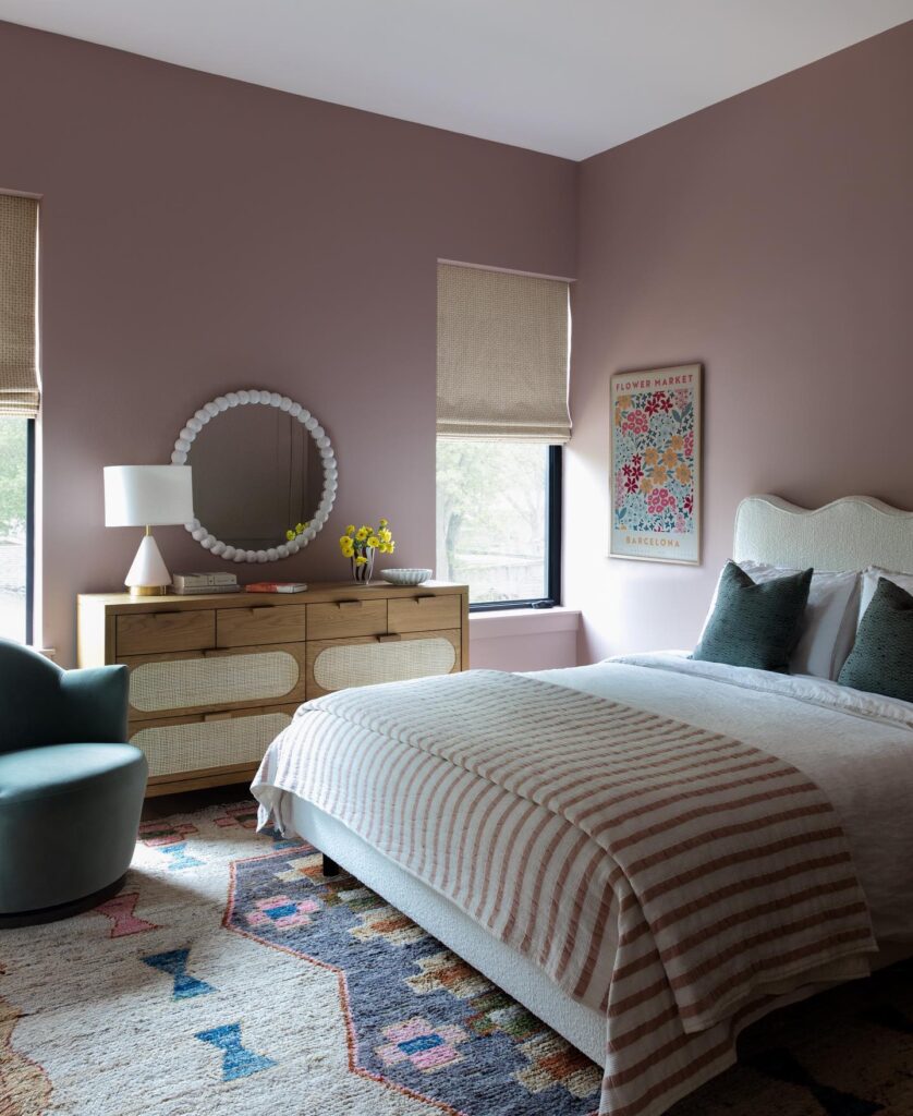 Mauve painted walls in a modern girl's bedroom by Shannon Eddings