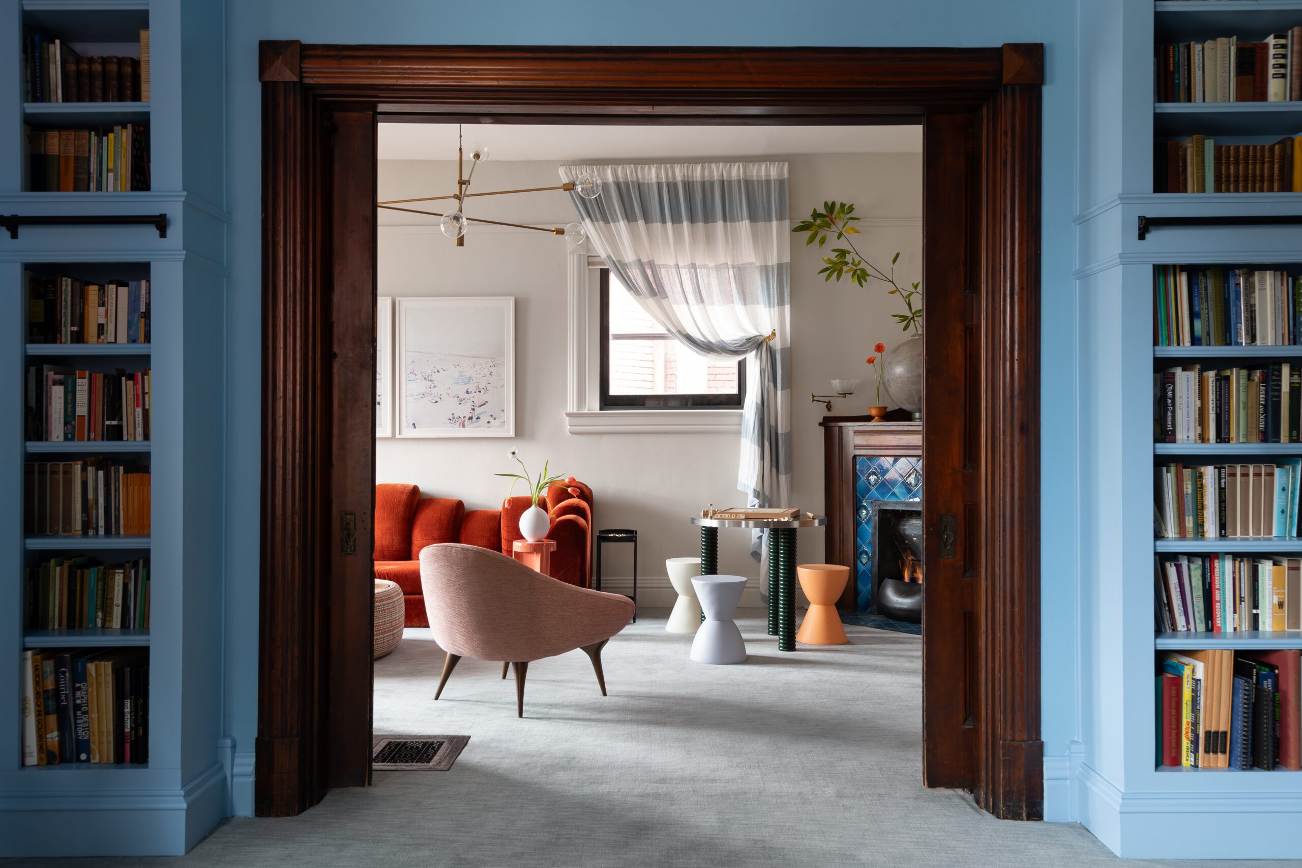 Blue Bookshelves Entrance