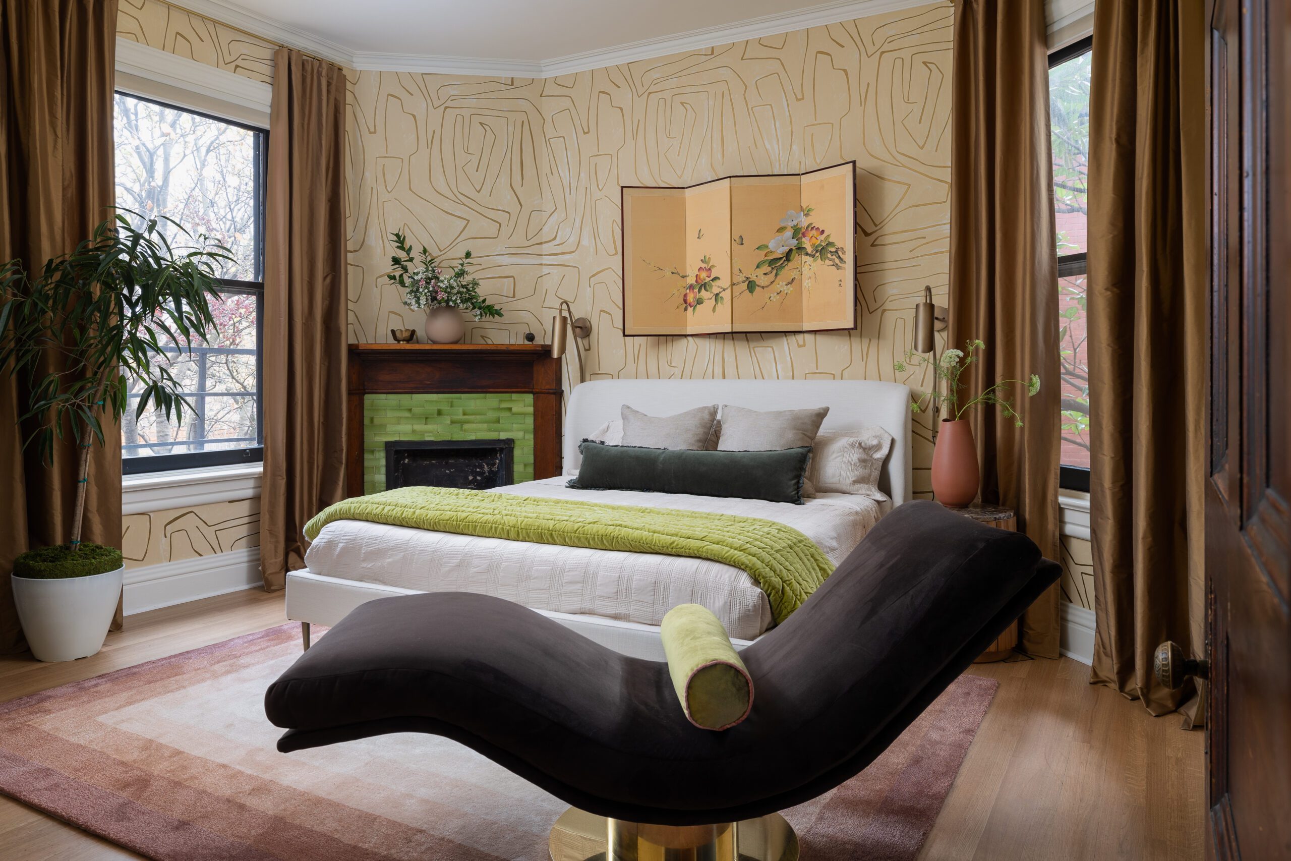 Chaise and Green Fireplace