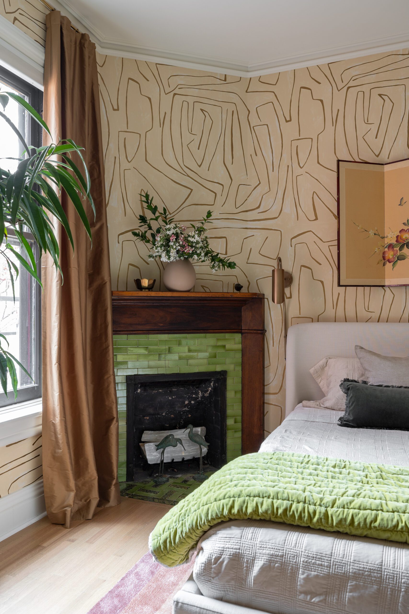 Green Blankets and Green Fireplace