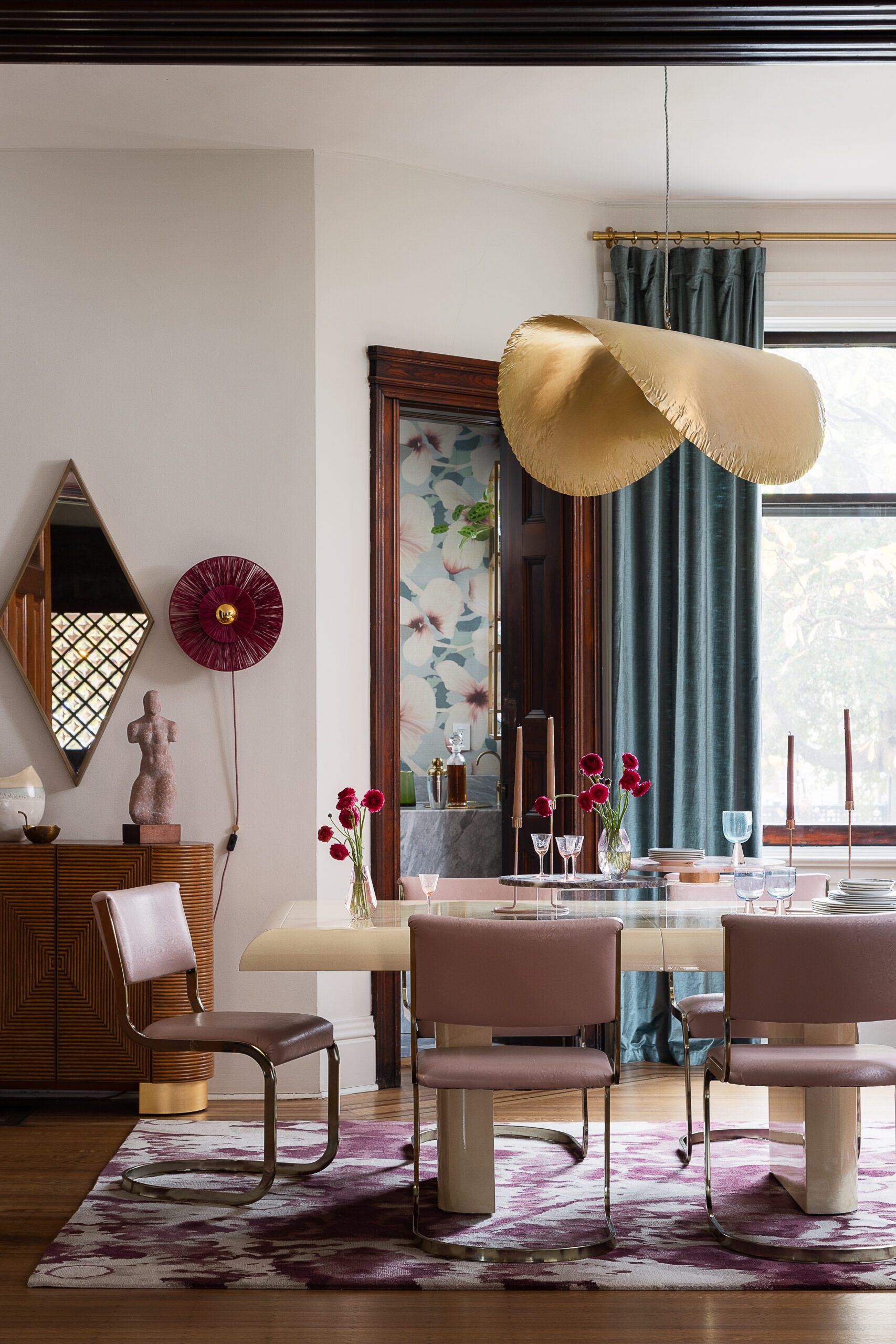 Pink Dining Room with Wavy Chandelier