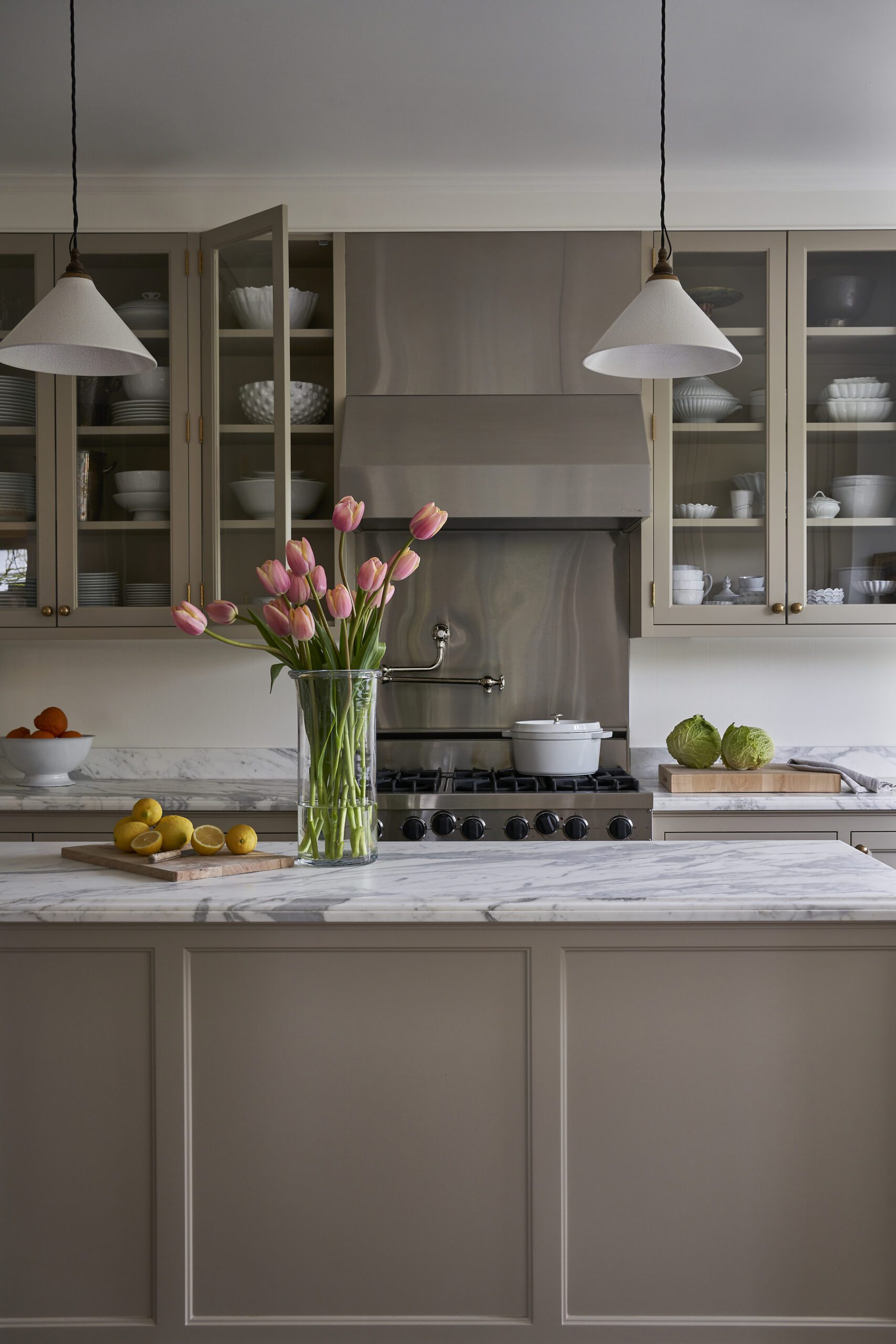 Glass Cabinets and Island with Flowers