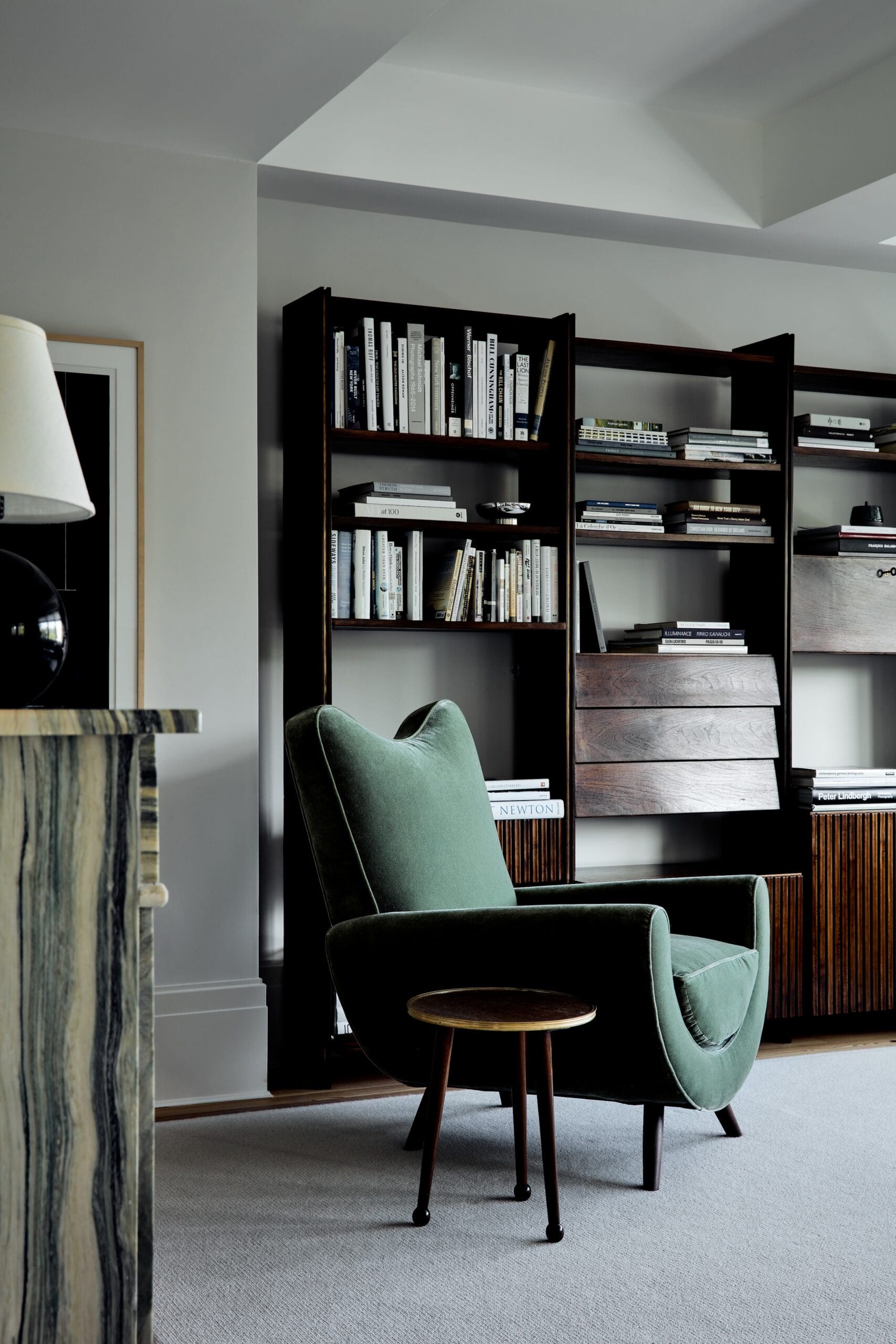 Midcentury living room in a Brooklyn apartment designed by Julia Baum
