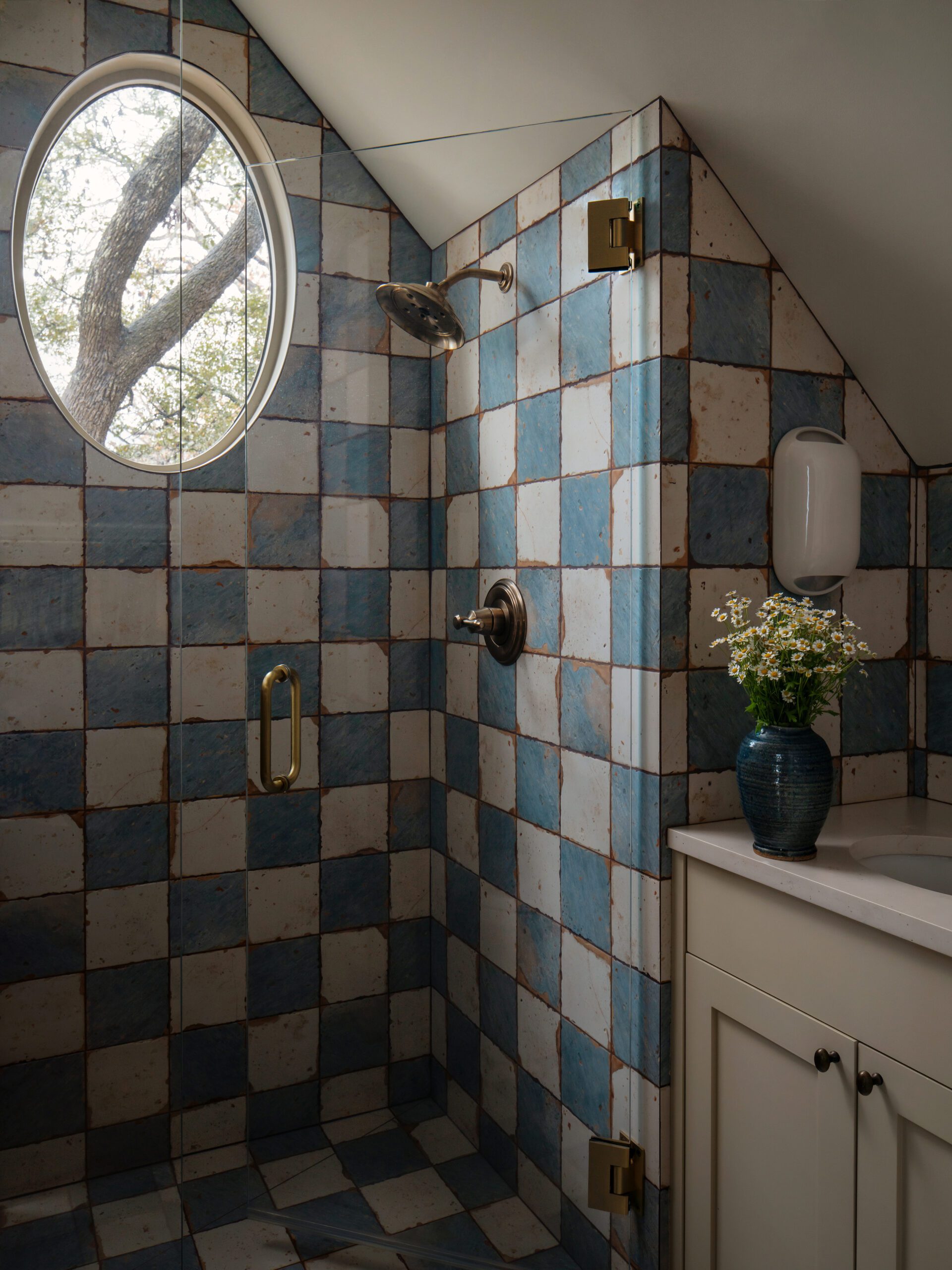 Distressed Checkered Tiles and Oval Window