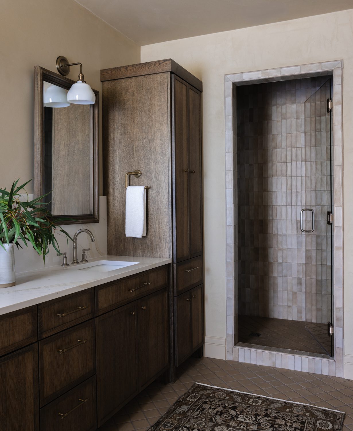 Dark Wood Bathroom with Walk-In Shower