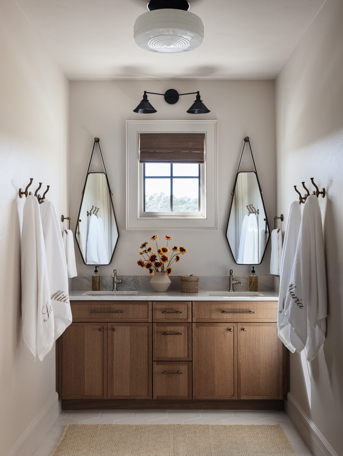 Bathroom with Hanging Geometric Mirrors