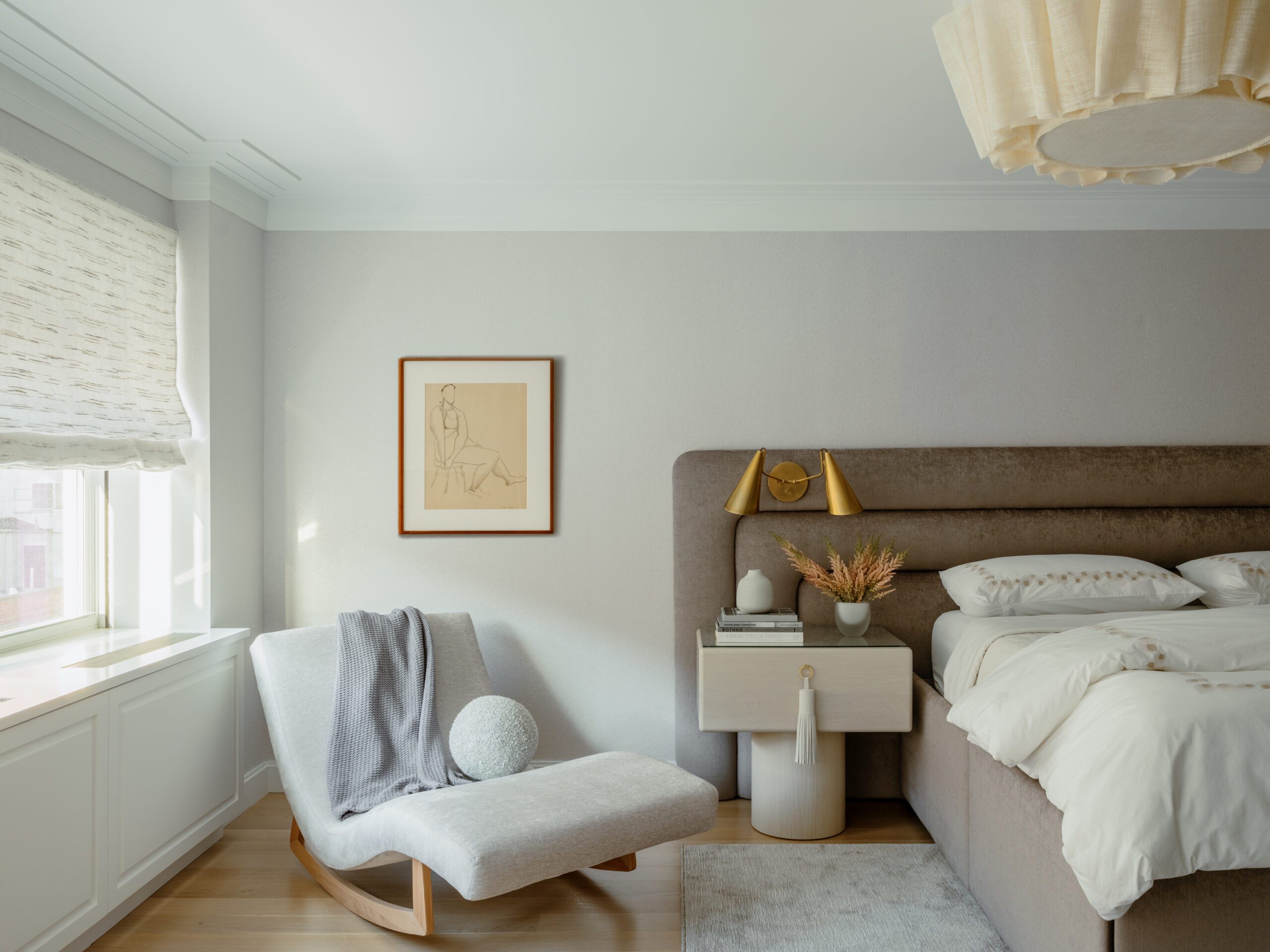 Calming bedroom with upholstered headboard