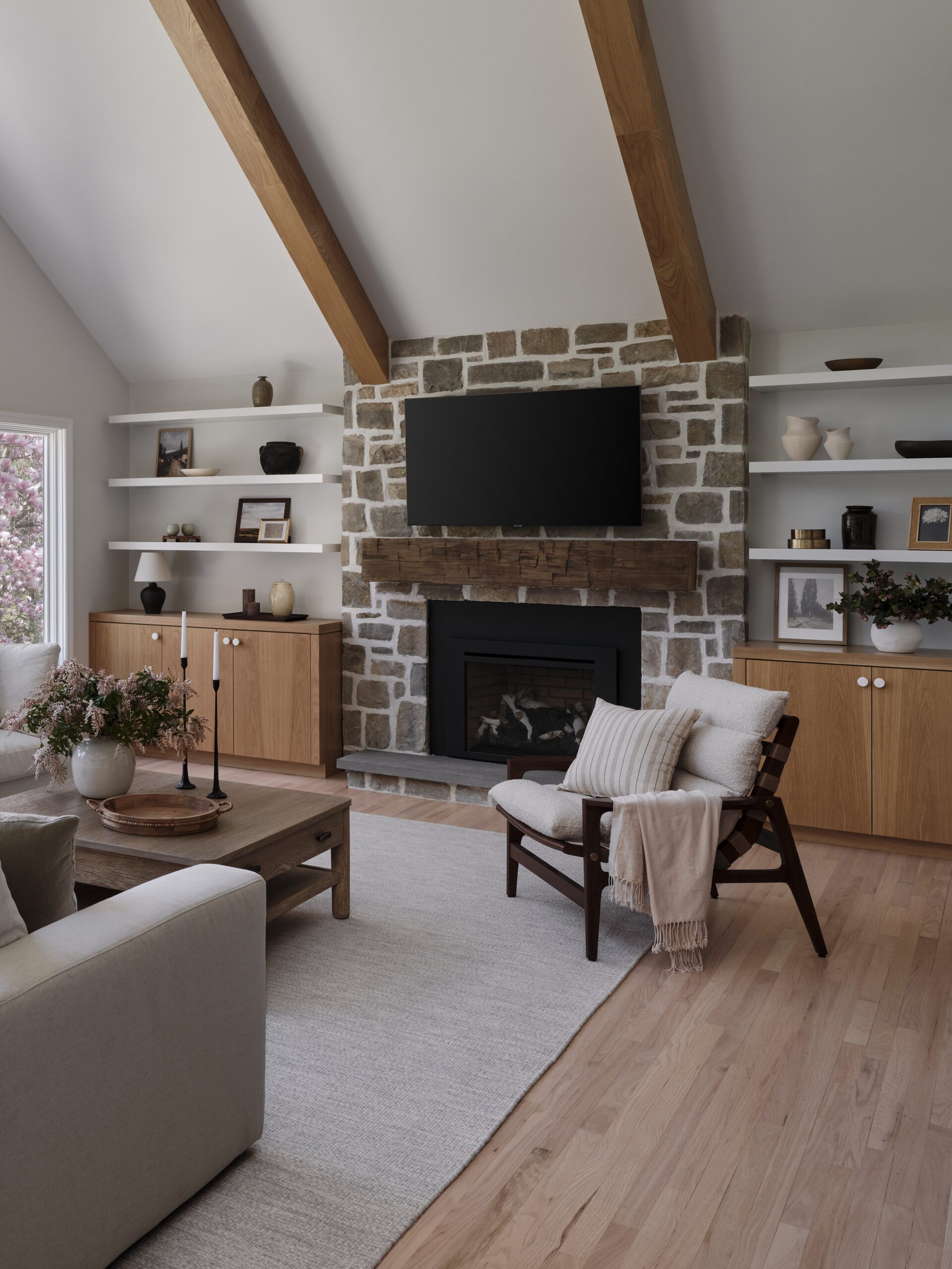 Living room brick fireplace