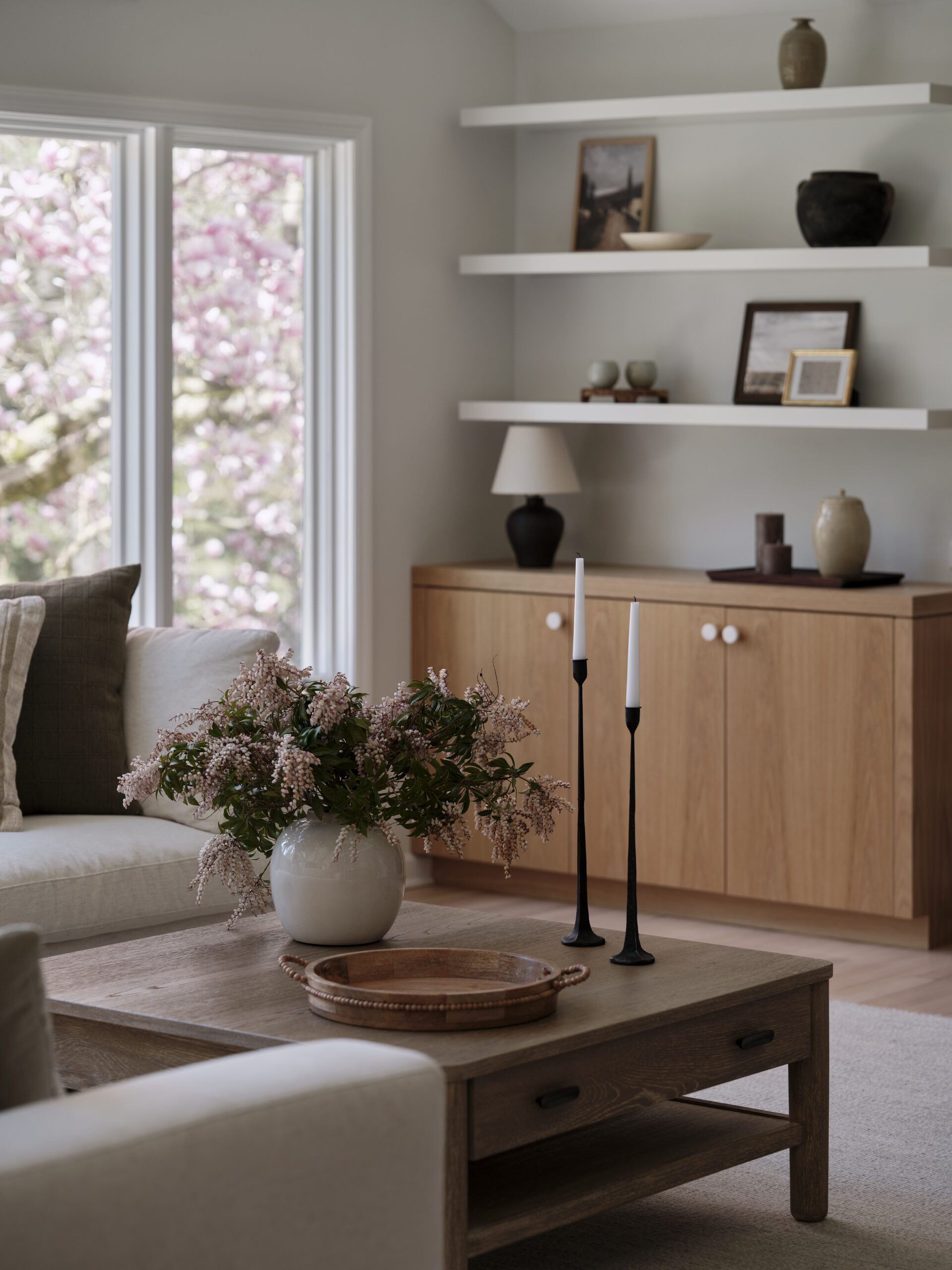 Living room details coffee table and built-in shelves