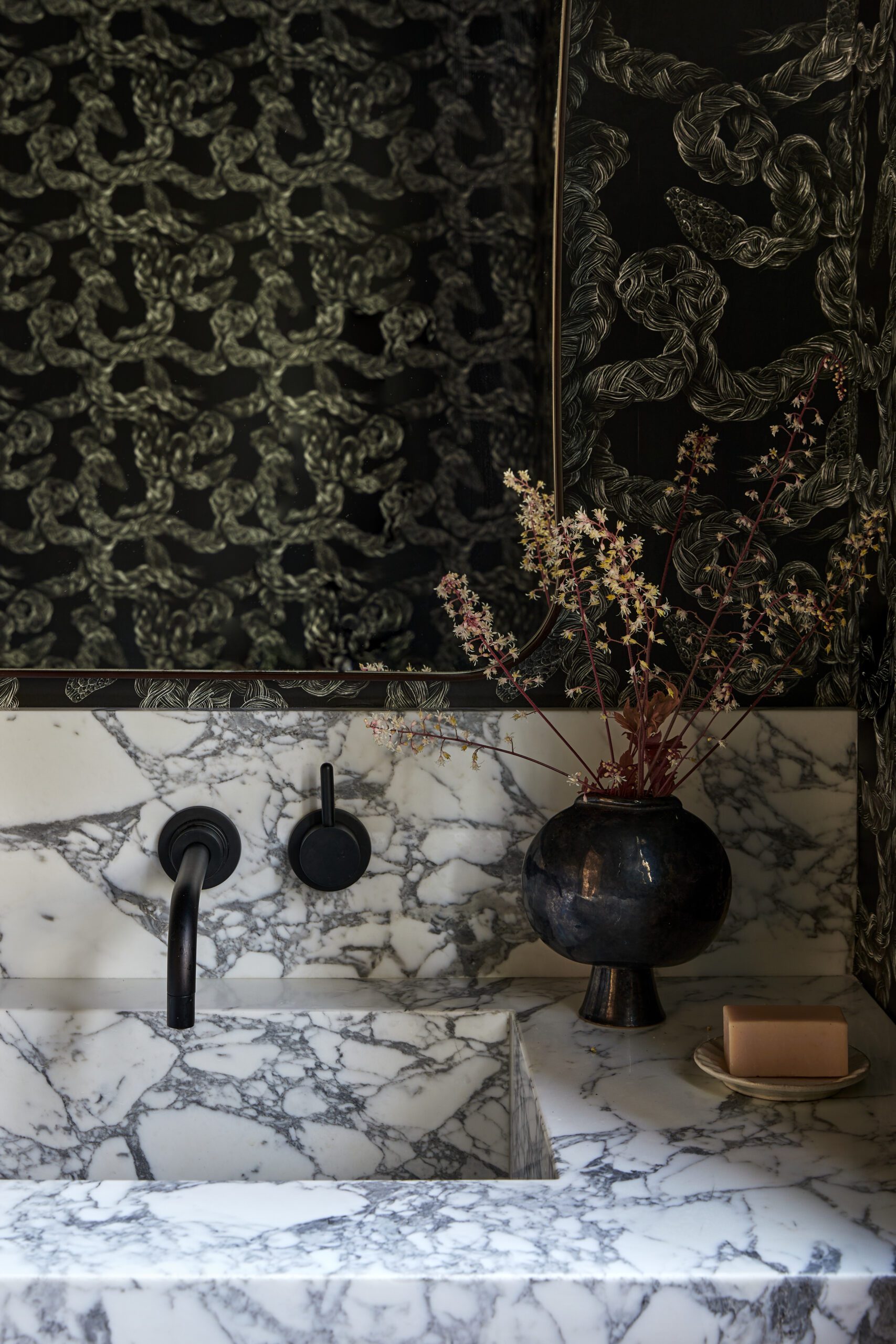Wallpapered bathroom vignette