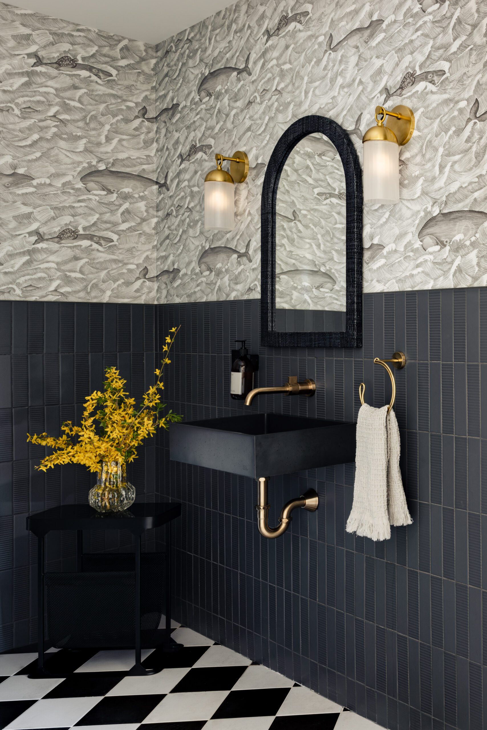 Moody black checkerboard tile powder room inspiration