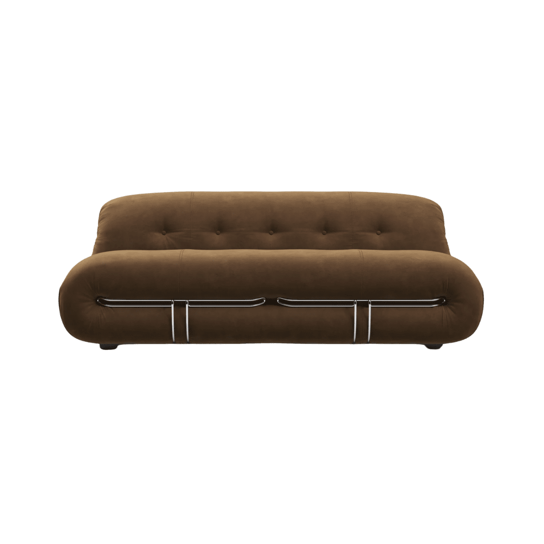 Brown tufted sofa with metal accents