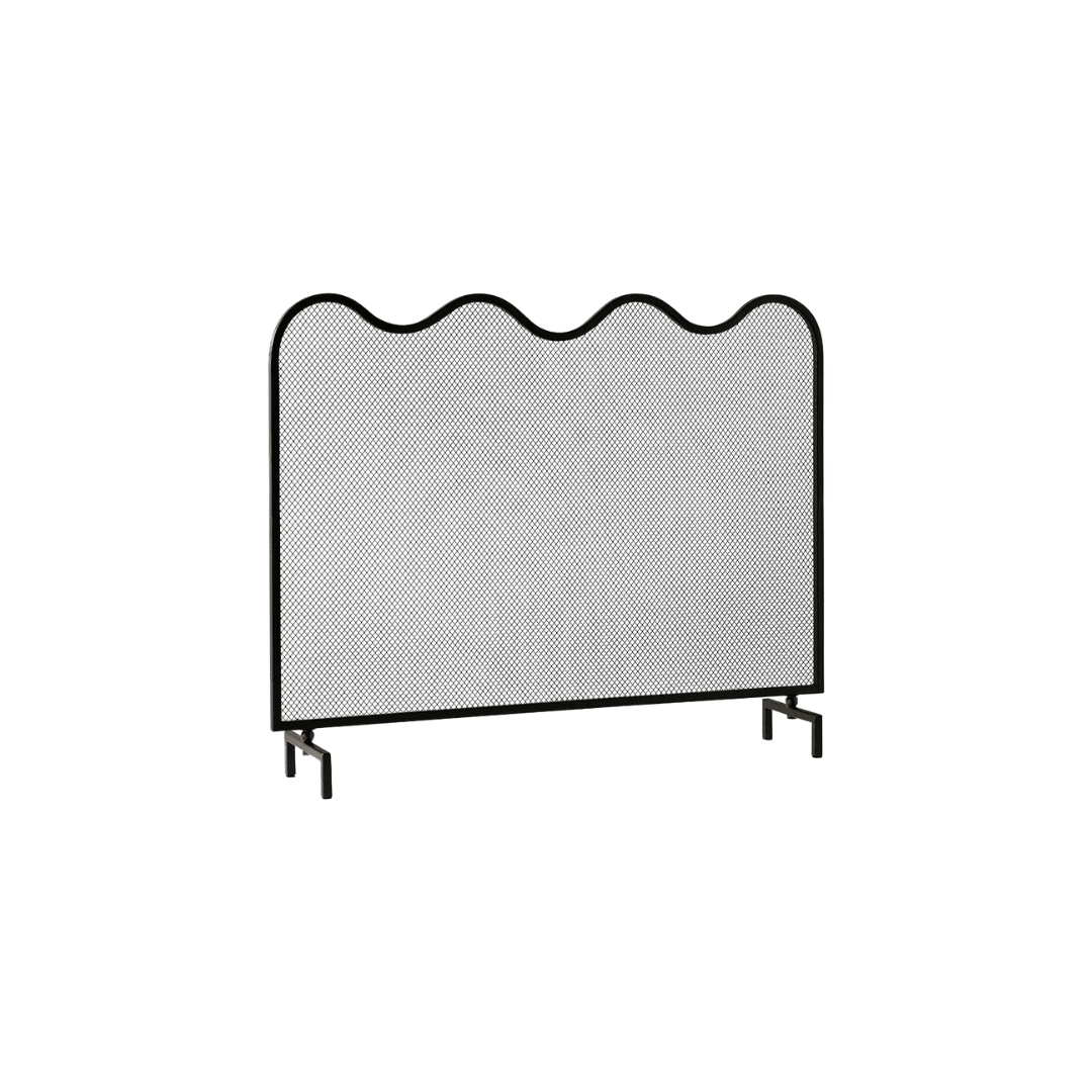 Black mesh wavy squiggle fireplace screen