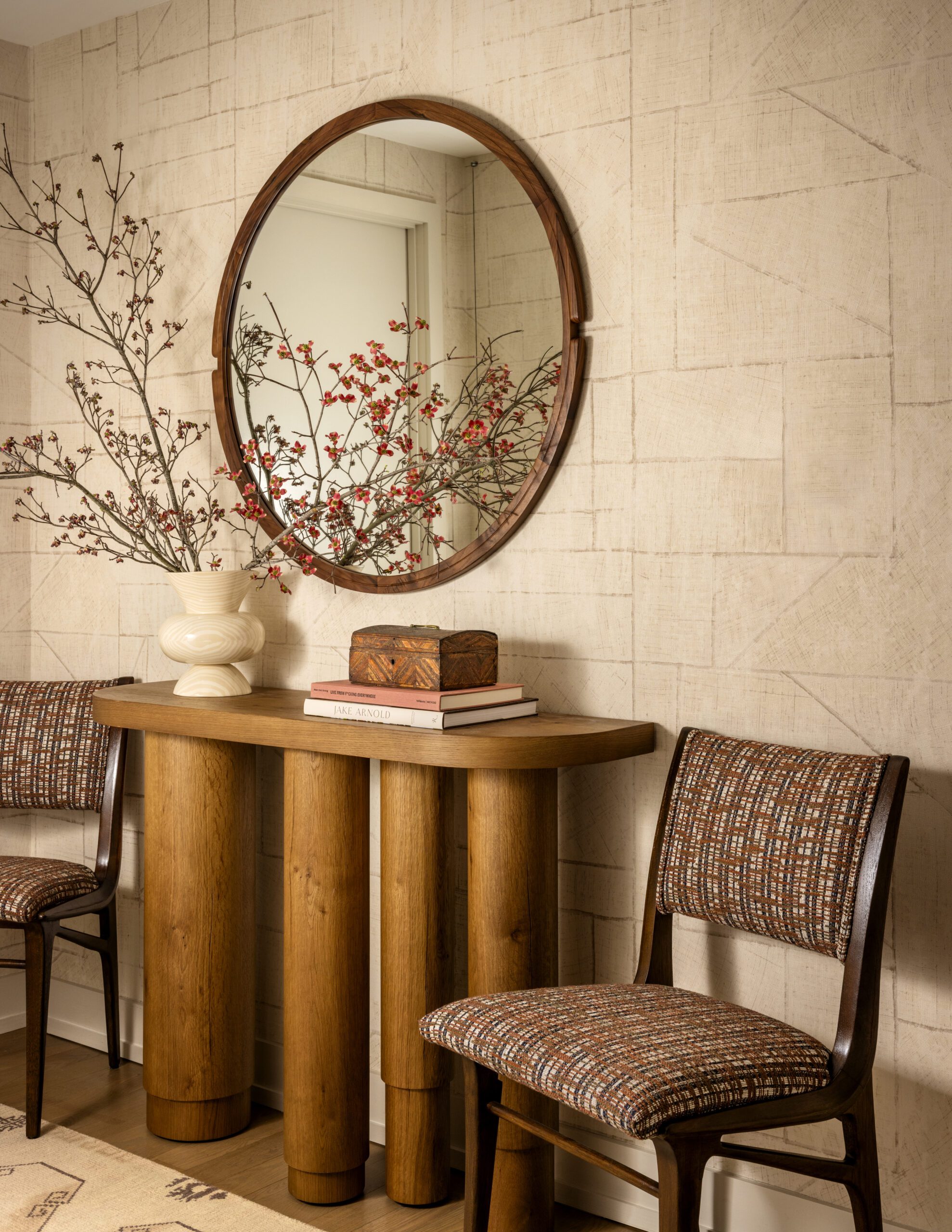 Wooden Entryway with Circle Mirror