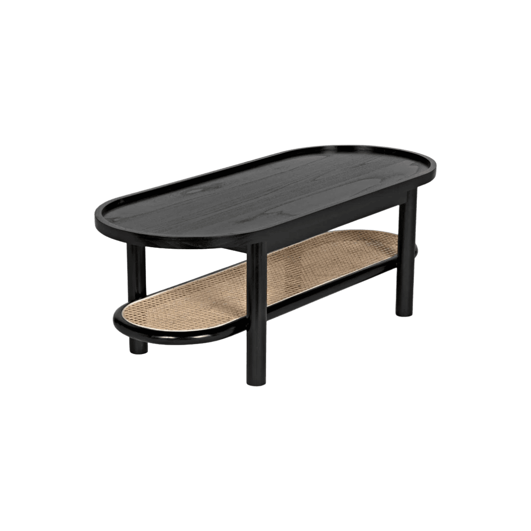 Black wood and cane oval coffee table