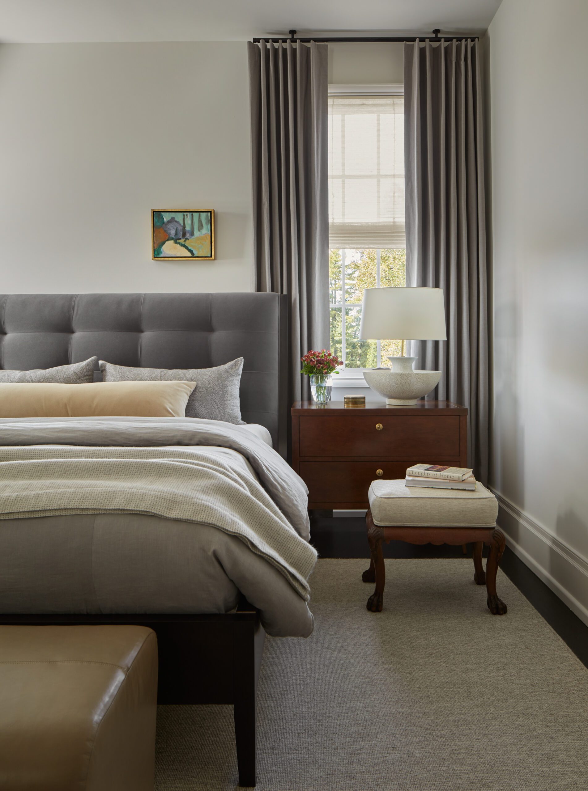 Grey Bed with Wooden Side Table