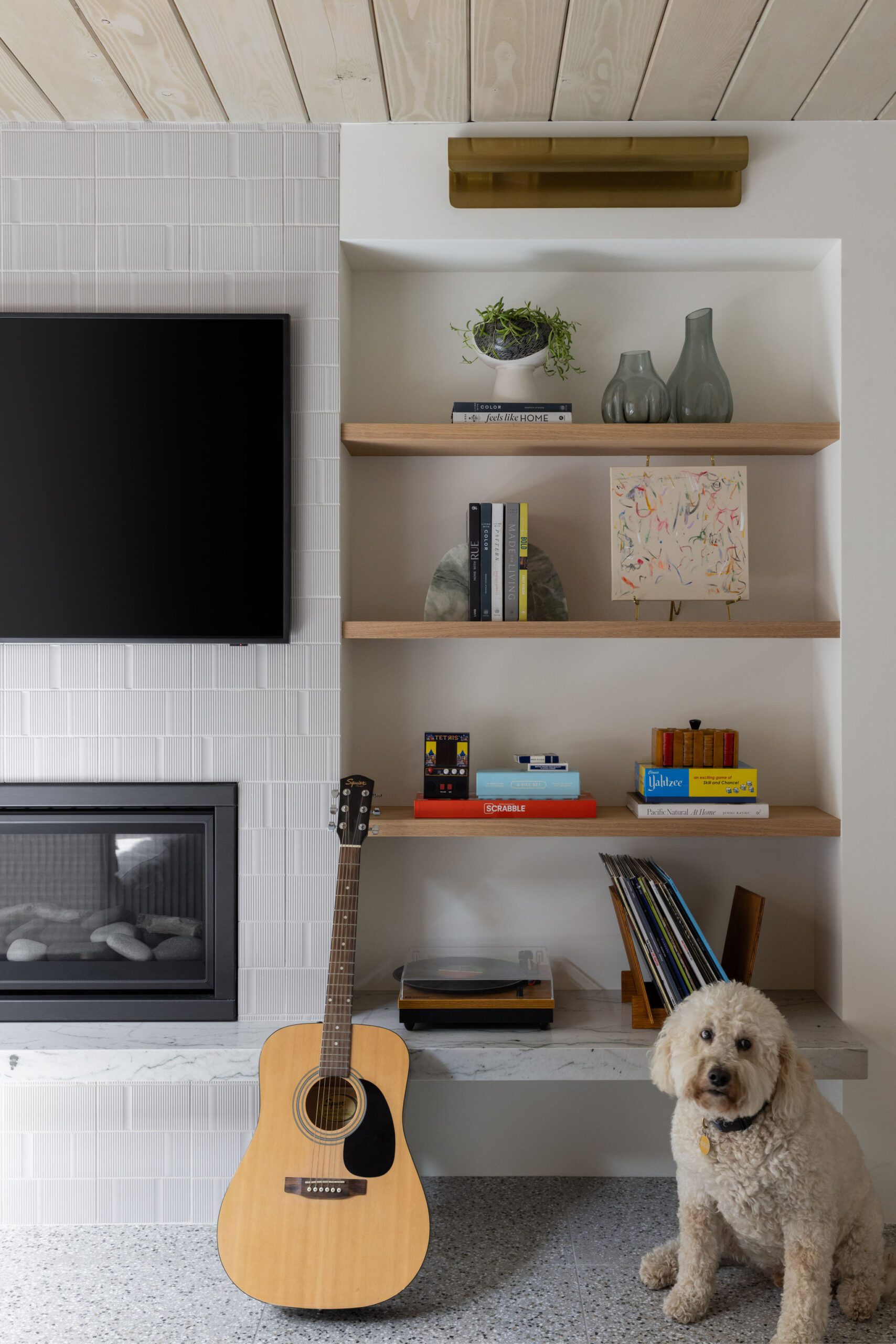 Built-In Bookshelves with Dog