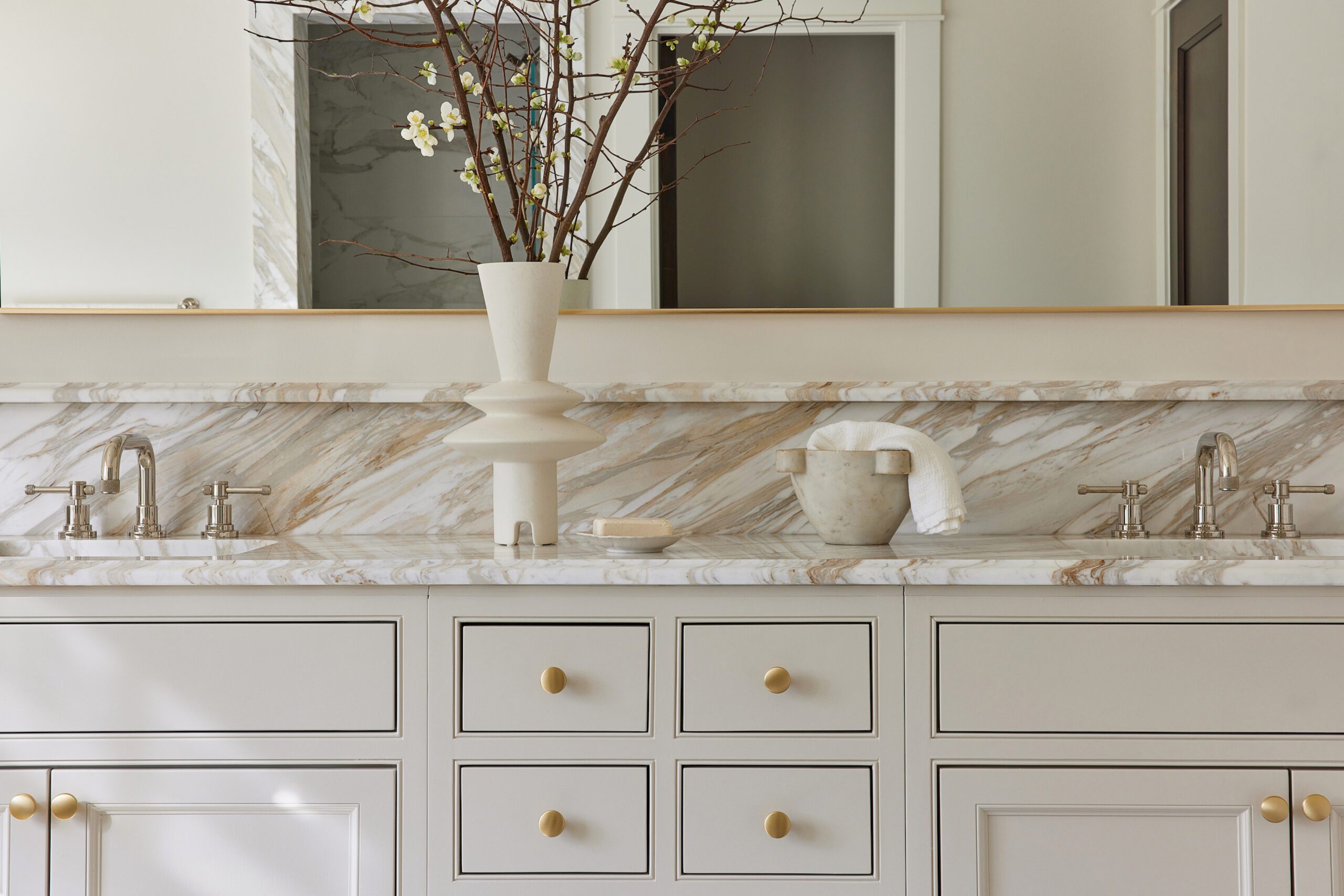 Double vanity marble bathroom details cabinet shot